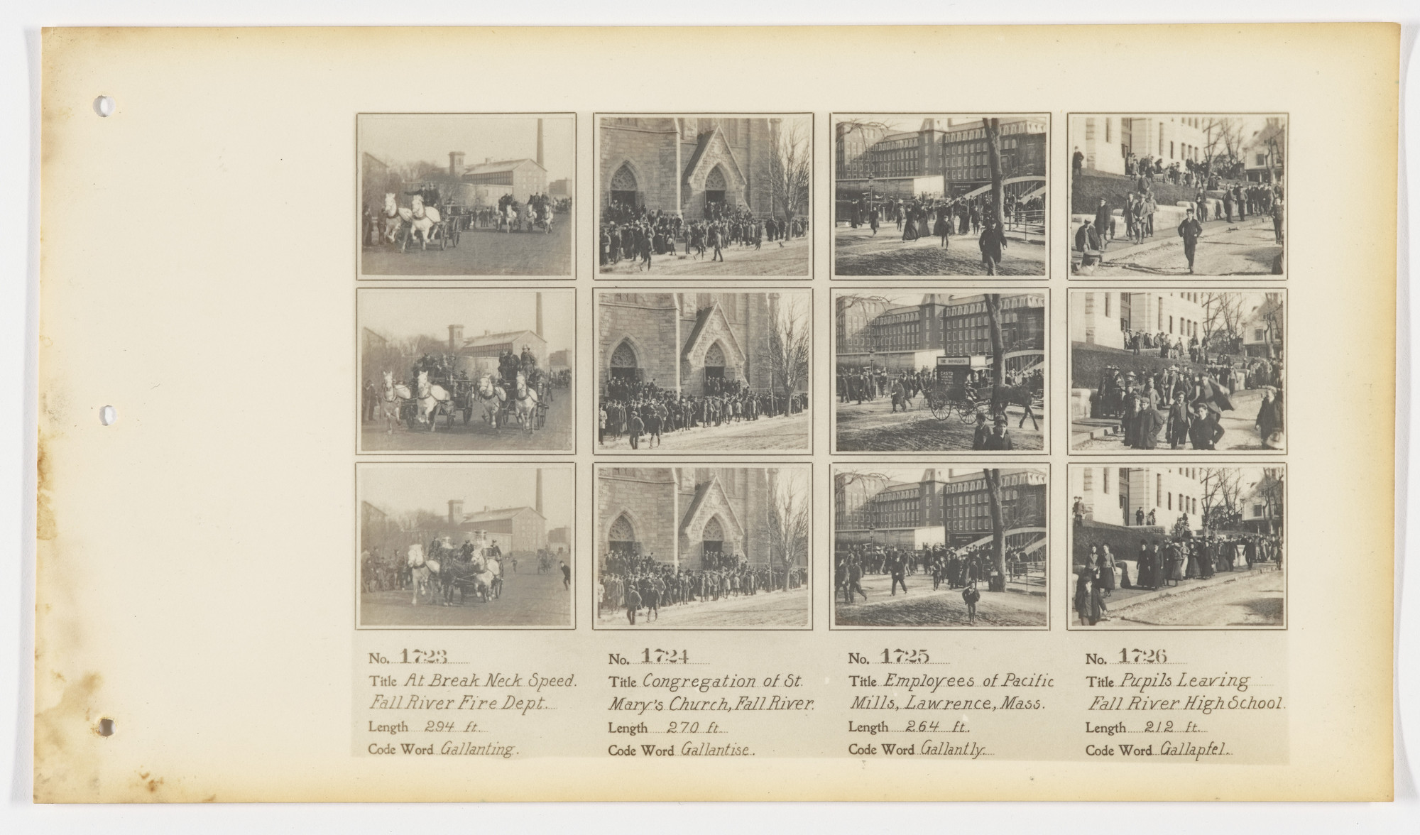 American Mutoscope and Biograph Company. 1723. At Break Neck Speed, Fall River Fire Department 1724. Congregation of St. Mary’s Church, Fall River 1725. Employees of Pacific Mills, Lawrence, Mass. 1726. Pupils Leaving Fall River High School.
