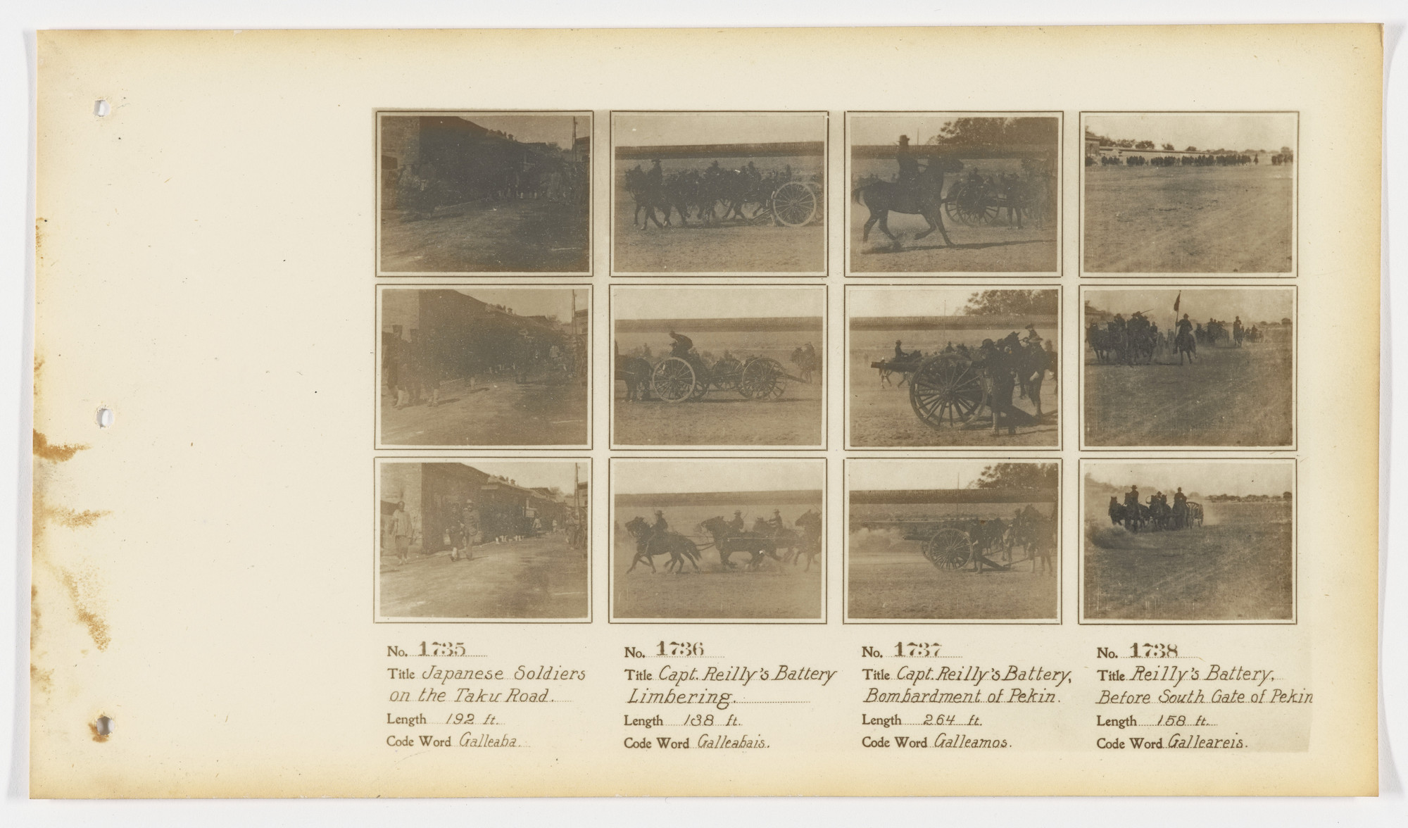 American Mutoscope and Biograph Company. 1735. Japanese Soldiers on the Taku Road 1736. Capt. Reilly’s Battery Limbering 1737. Capt. Reilly’s Battery, Bombardment of Pekin. 1738. Reilly’s Battery, Before South Gate of Pekin..
