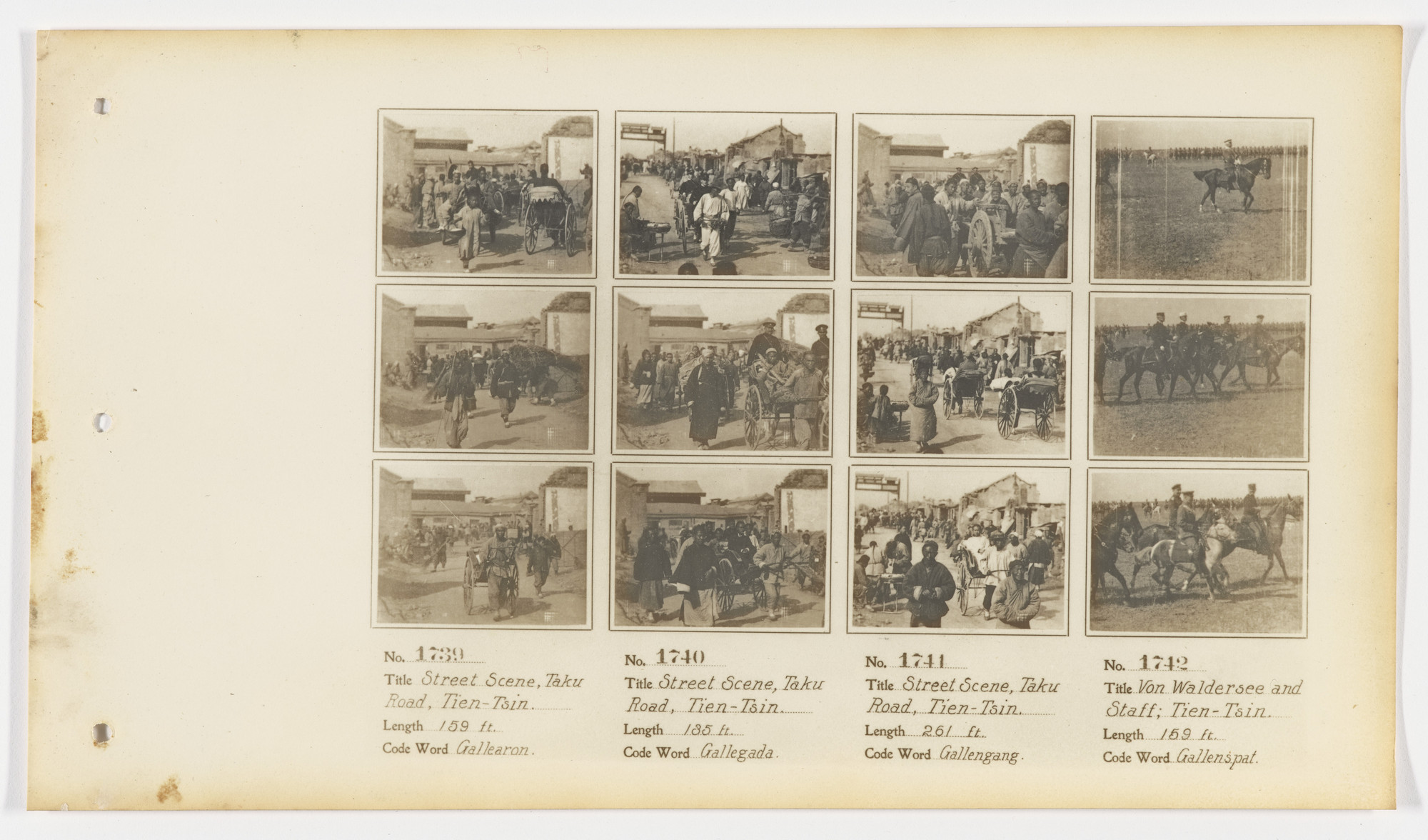 American Mutoscope and Biograph Company. 1739. Street Scene, Taku Road, Tien-Tsin 1740. Street Scene, Taku Road, Tien-Tsin 1741. Street Scene, Taku Road, Tien-Tsin 1742. Von Waldersee and Staff; Tien-Tsin.
