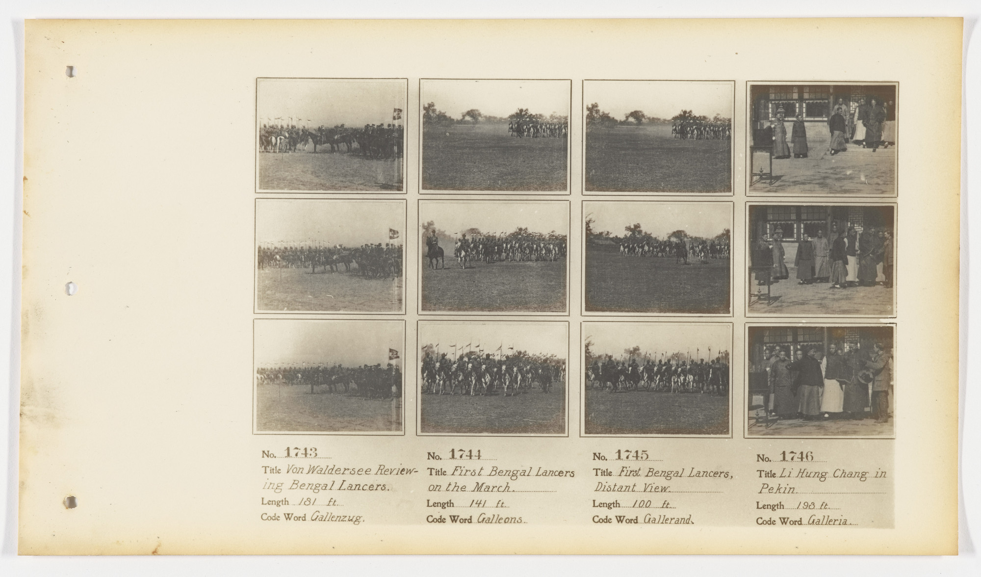 American Mutoscope and Biograph Company. 1743. Von Waldersee Reviewing Bengal Lancers 1744. First Bengal Lancers on the March 1745. First Bengal Lancers, Distant View 1746. Li Hung Chang in Pekin..