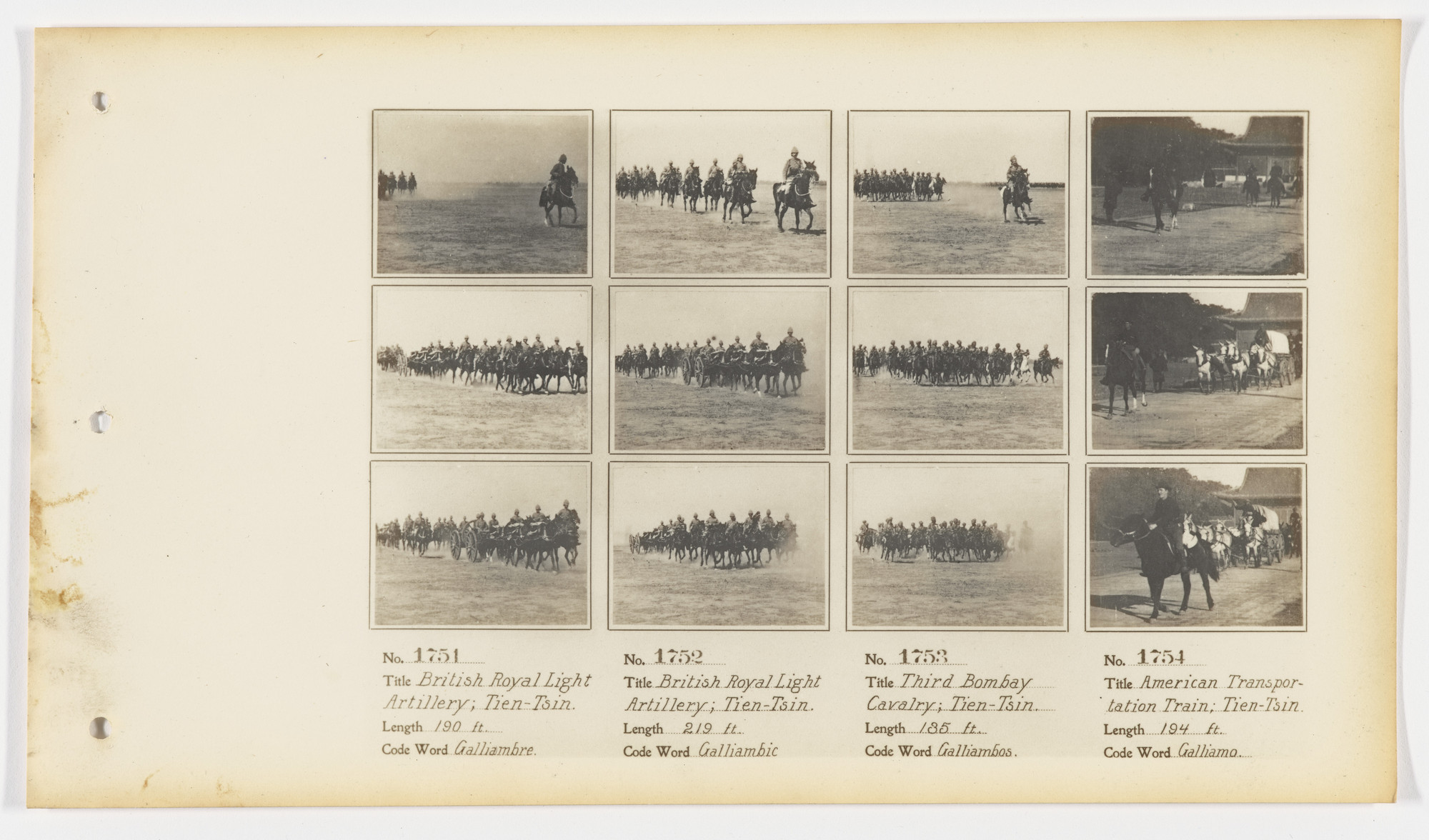 American Mutoscope and Biograph Company. 1751. British Royal Light Artillery; Tien-Tsin 1752. British Royal Light Artillery; Tien-Tsin 1753. Third Bombay Cavalry; Tien-Tsin 1754. American Transportation Train; Tien-Tsin.
