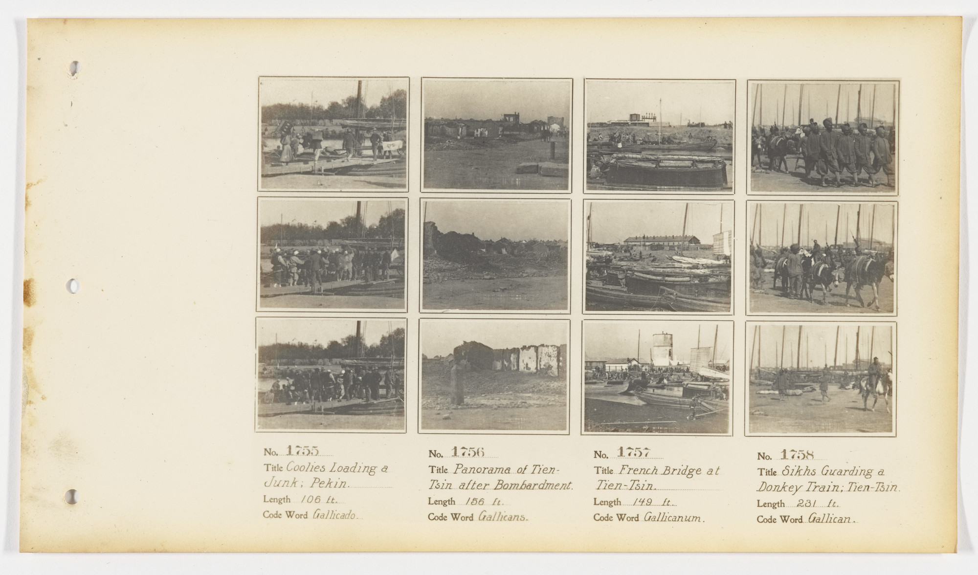 American Mutoscope and Biograph Company. 1755. Coolies Loading a Junk; Pekin. 1756. Panorama of Tien-Tsin After Bombardment 1757. French Bridge at Tien-Tsin 1758. Sikhs Guarding a Donkey Train; Tien-Tsin.