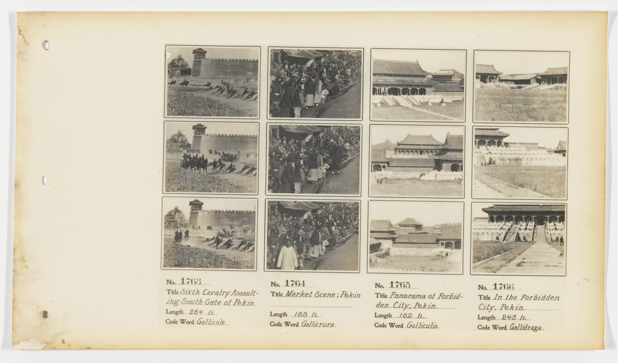 American Mutoscope and Biograph Company. 1763. Sixth Cavalry Assaulting South Gate of Pekin. 1764. Market Scene; Pekin. 1765. Panorama of Forbidden City, Pekin. 1766. In the Forbidden City, Pekin..