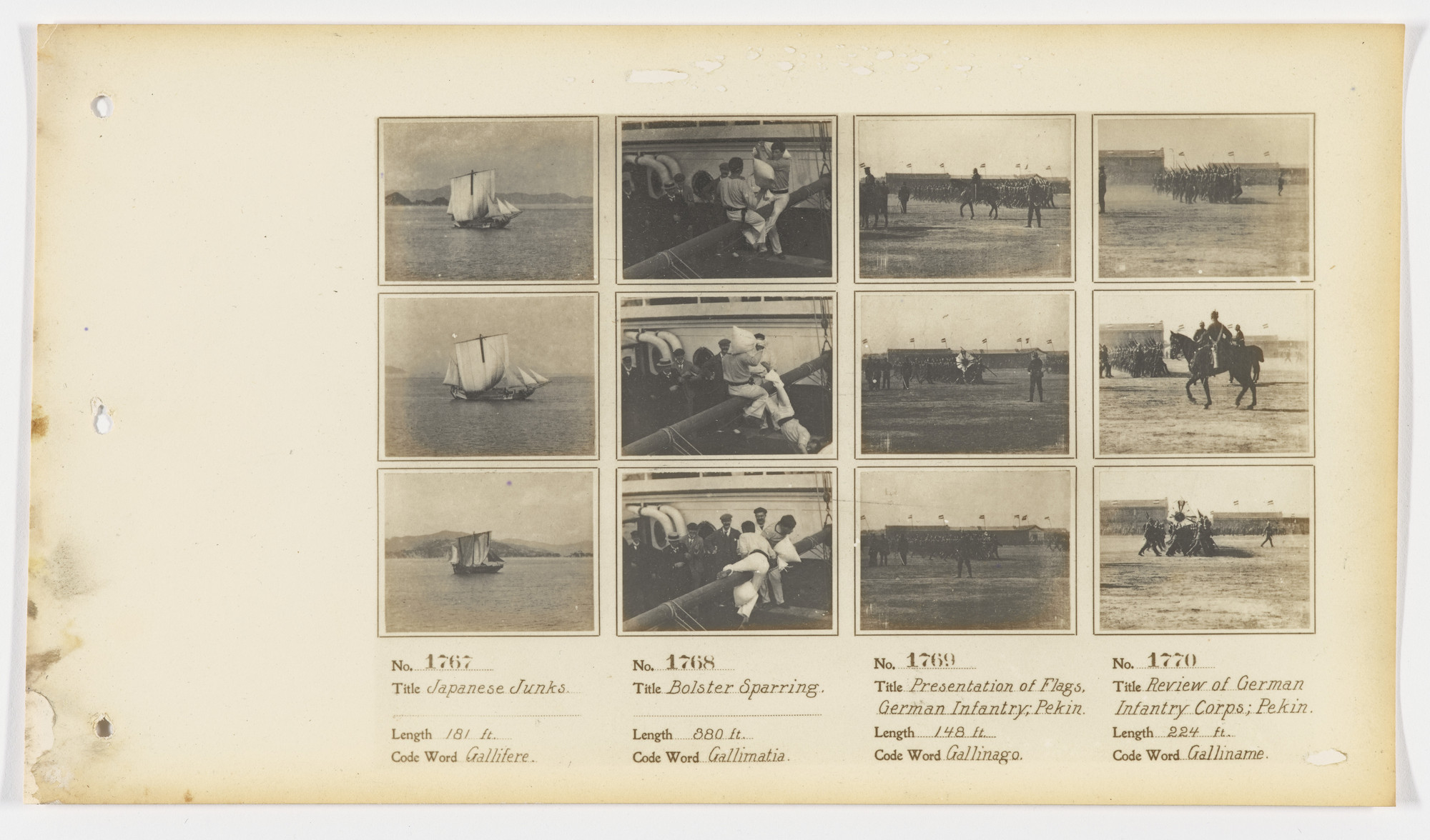 American Mutoscope and Biograph Company. 1767. Japanese Junks 1768. Bolster Sparring 1769. Presentation of Flags, German Infantry; Pekin. 1770. Review of German Infantry Corps; Pekin..