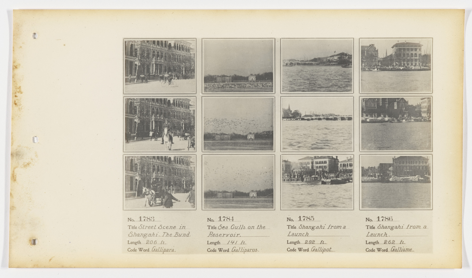 American Mutoscope and Biograph Company. 1783. Street Scene in Shanghai, The Bund 1784. Sea Gulls on the Reservoir 1785. Shanghai from a Launch 1786. Shanghai from a Launch.