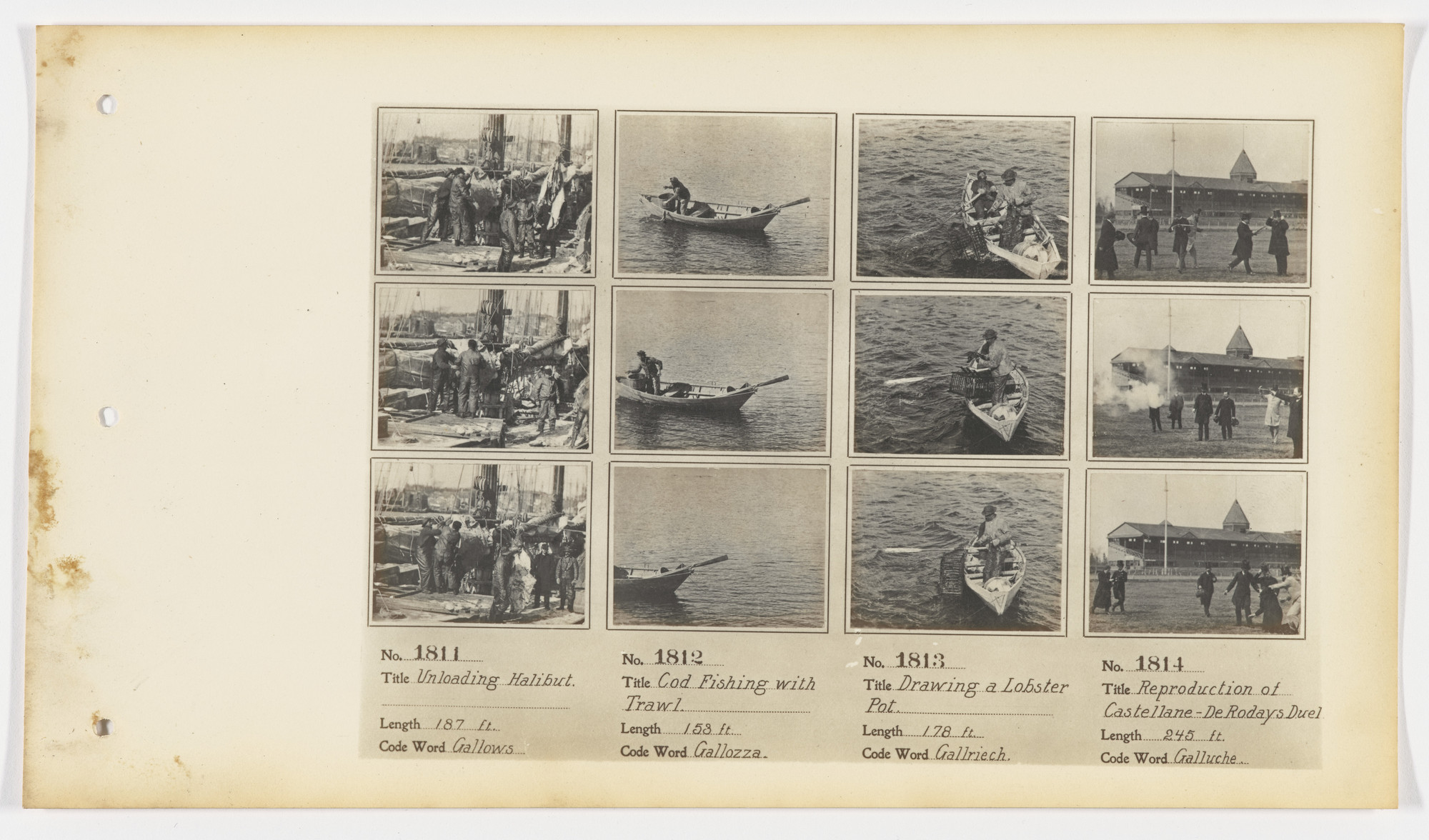 American Mutoscope and Biograph Company. 1811. Unloading Halibut 1812. Cod Fishing with Trawl 1813. Drawing a Lobster Pot 1814. Reproduction of Castellane-DeRodays Duel.