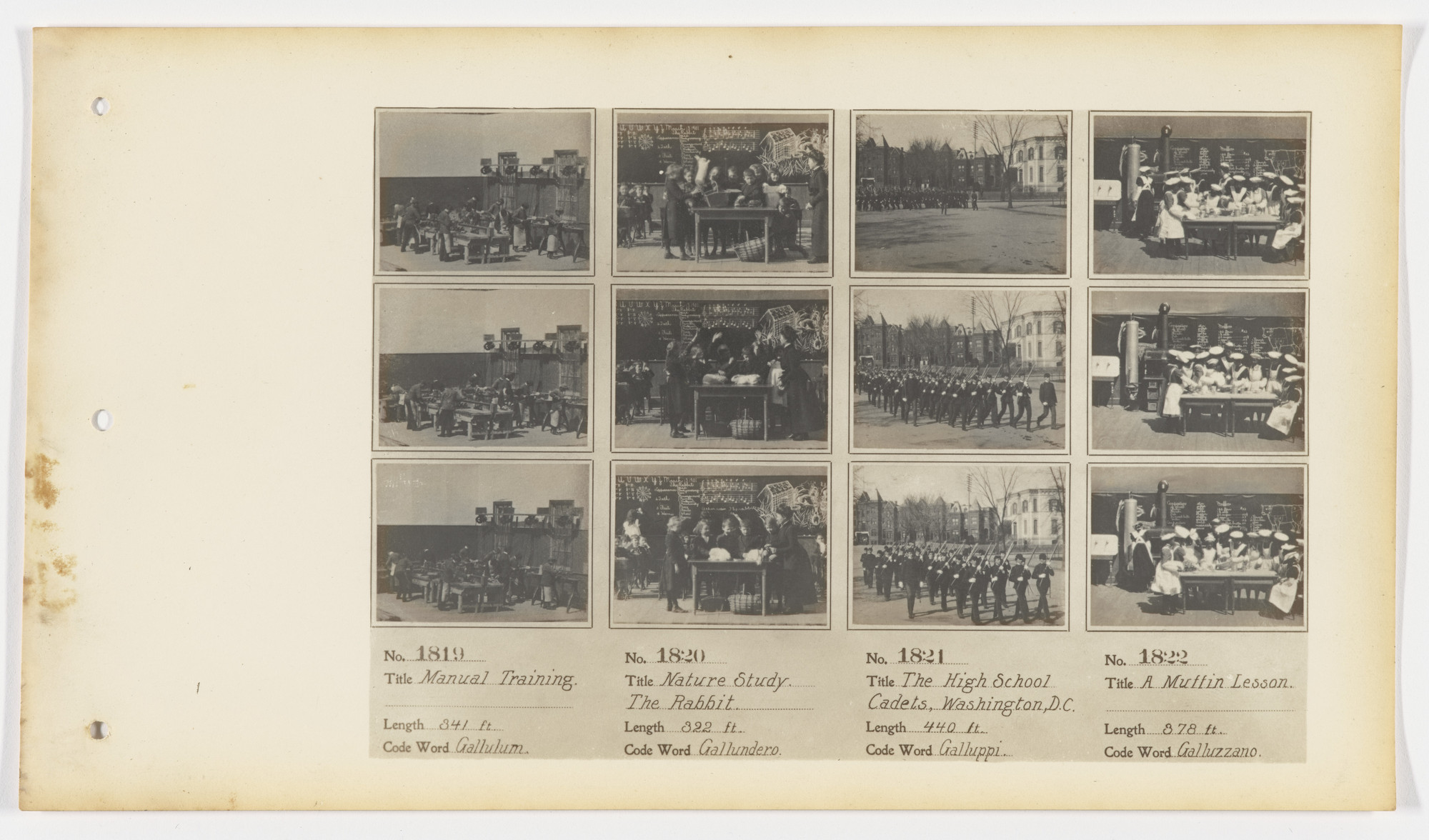 American Mutoscope and Biograph Company. 1819. Manual Training 1820. Nature Study. The Rabbit 1821. The High School Cadets, Washington, D.C. 1822. A Muffin Lesson.