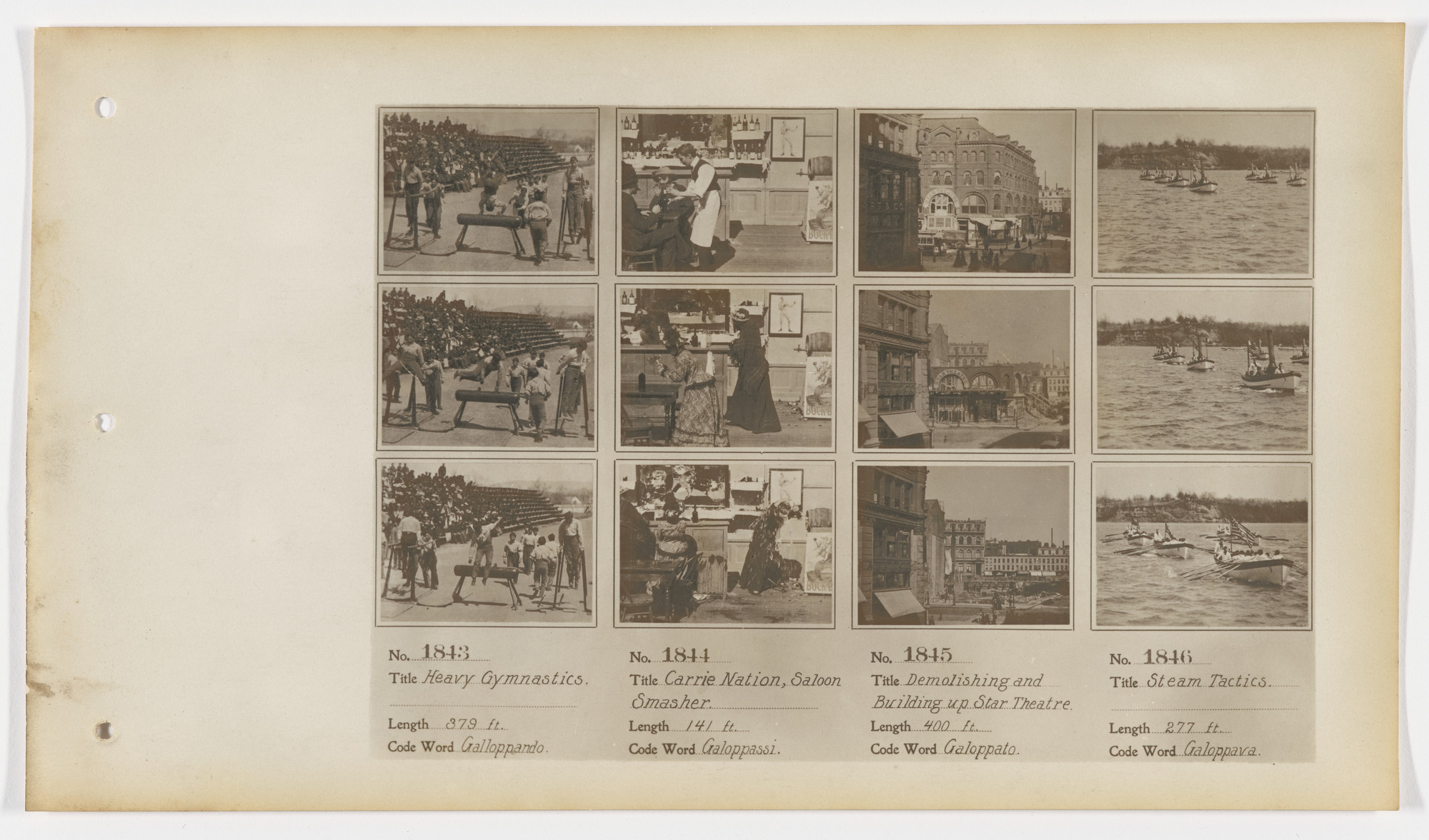 American Mutoscope and Biograph Company. 1843. Heavy Gymnastics 1844. Carrie Nation, Saloon Smasher 1845. Demolishing and Building up Star Theatre 1846. Steam Tactics.