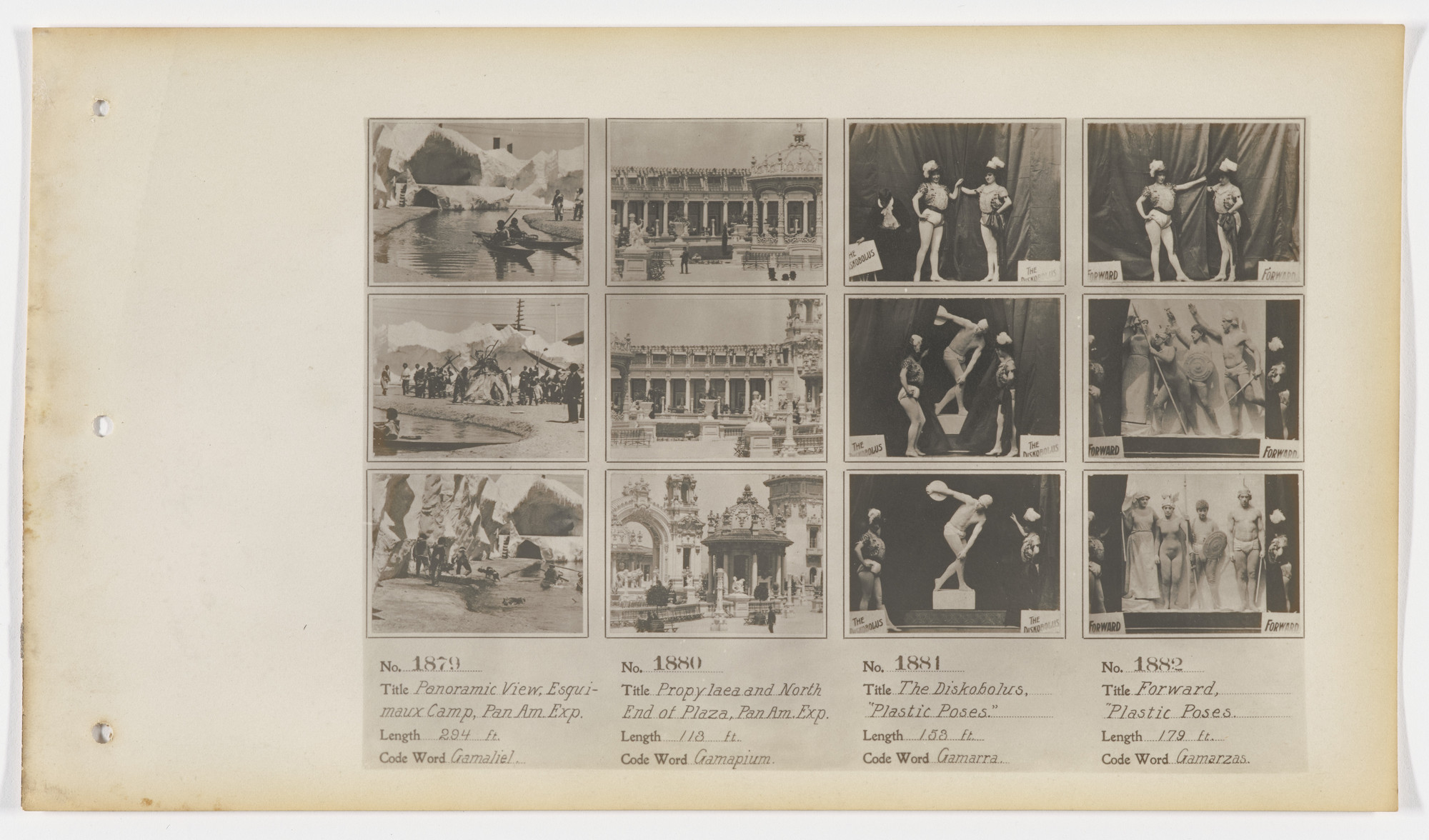 American Mutoscope and Biograph Company. 1879. Panoramic View, Esquimaux [sic] Camp, Pan Am. Exp. 1880. Propylaea and North End of Plaza, Pan Am. Exp. 1881. The Diskobolis, “Plastic Poses” 1882. Forward, “Plastic Poses”.