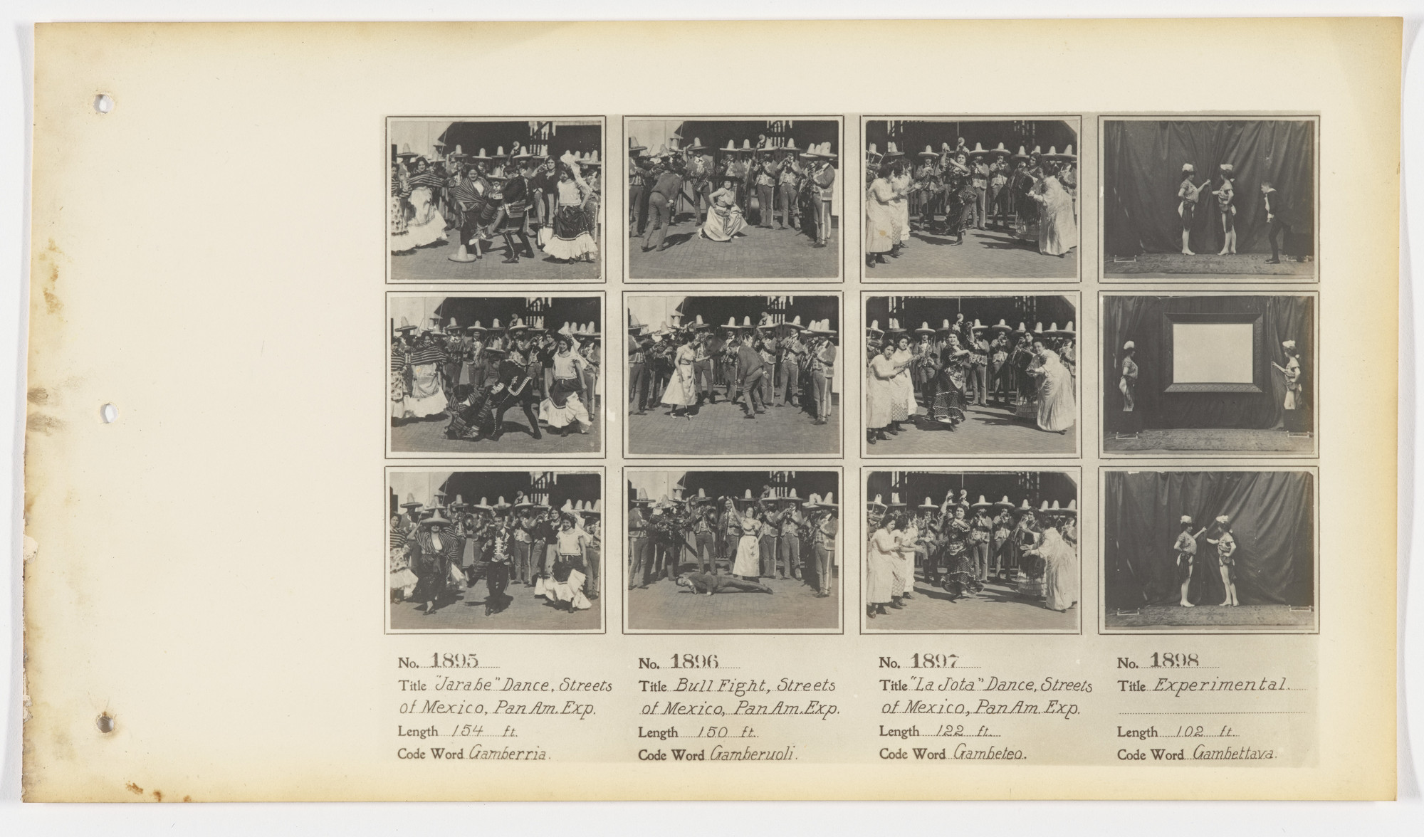 American Mutoscope and Biograph Company. 1895. “Jarabe” Dance, Streets of Mexico, Pan Am. Exp. 1896. Bull Fight, Streets of Mexico, Pan Am Exp. 1897. “La Jota” Dance, Streets of Mexico, Pan Am. Exp. 1898. Experimental.