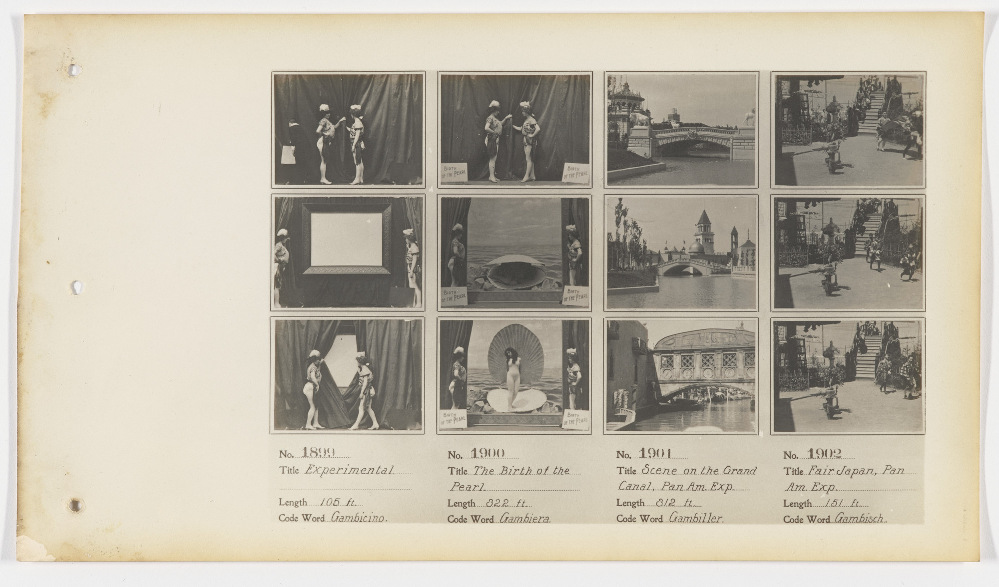 American Mutoscope and Biograph Company. 1899. Experimental 1900. The Birth of the Pearl 1901. Scene on the Grand Canal, Pan Am. Exp. 1902. Fair Japan, Pan Am. Exp..