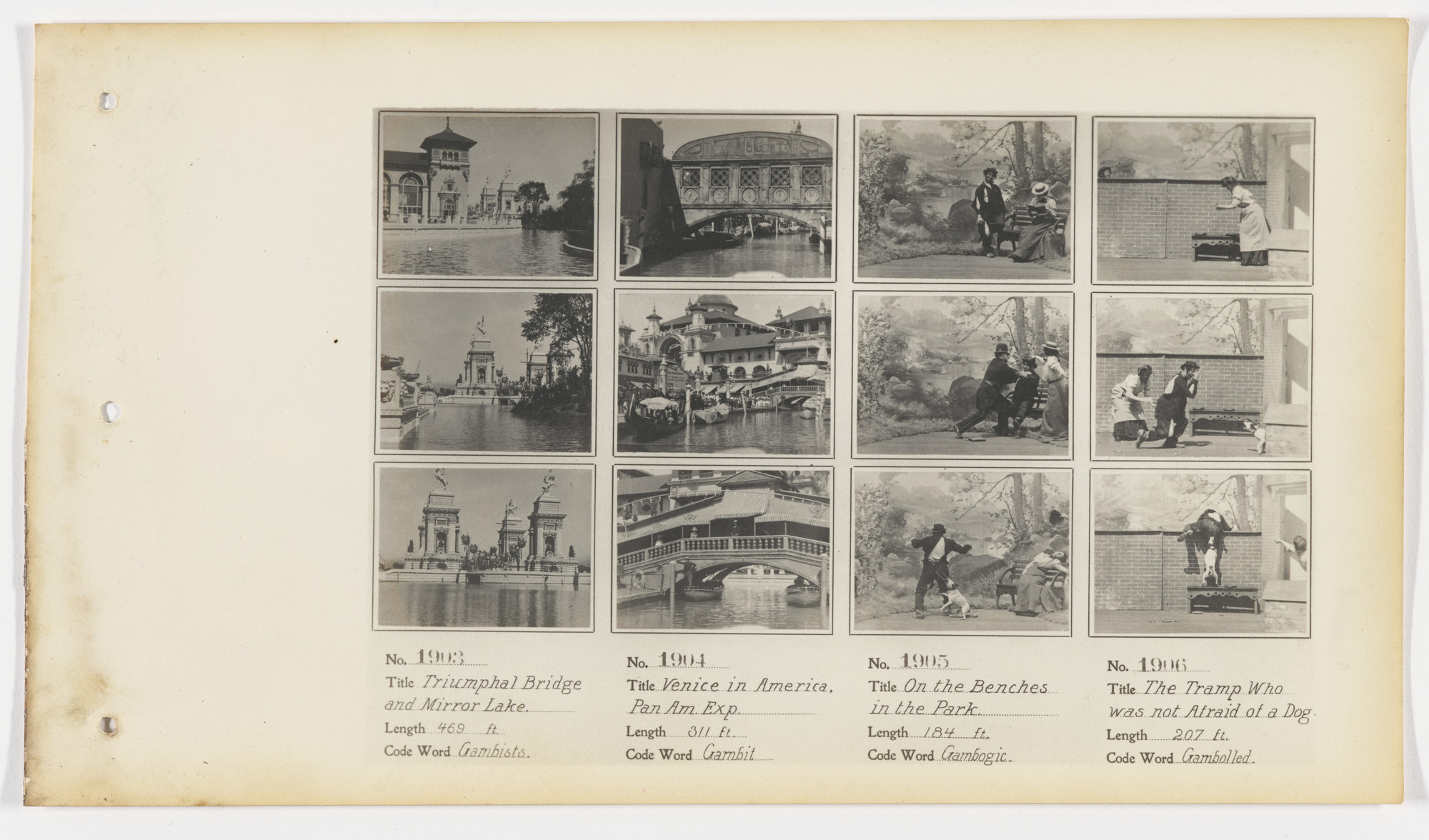 American Mutoscope and Biograph Company. 1903. Triumphal Bridge and Mirror Lake 1904. Venice in America, Pan Am. Exp. 1905. On the Benches in the Park 1906. The Tramp Who Was Not Afraid of a Dog.