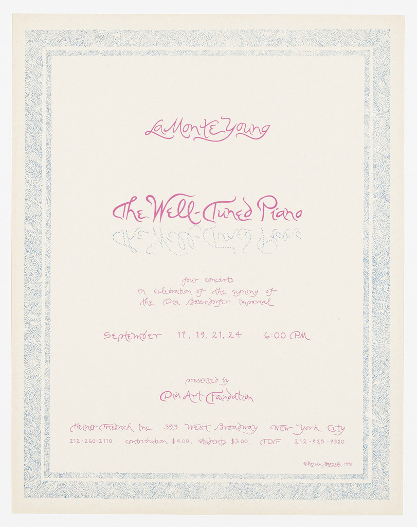 Poster for La Monte Young, The Well-Tuned Piano, Dia Art Foundation, September 1978