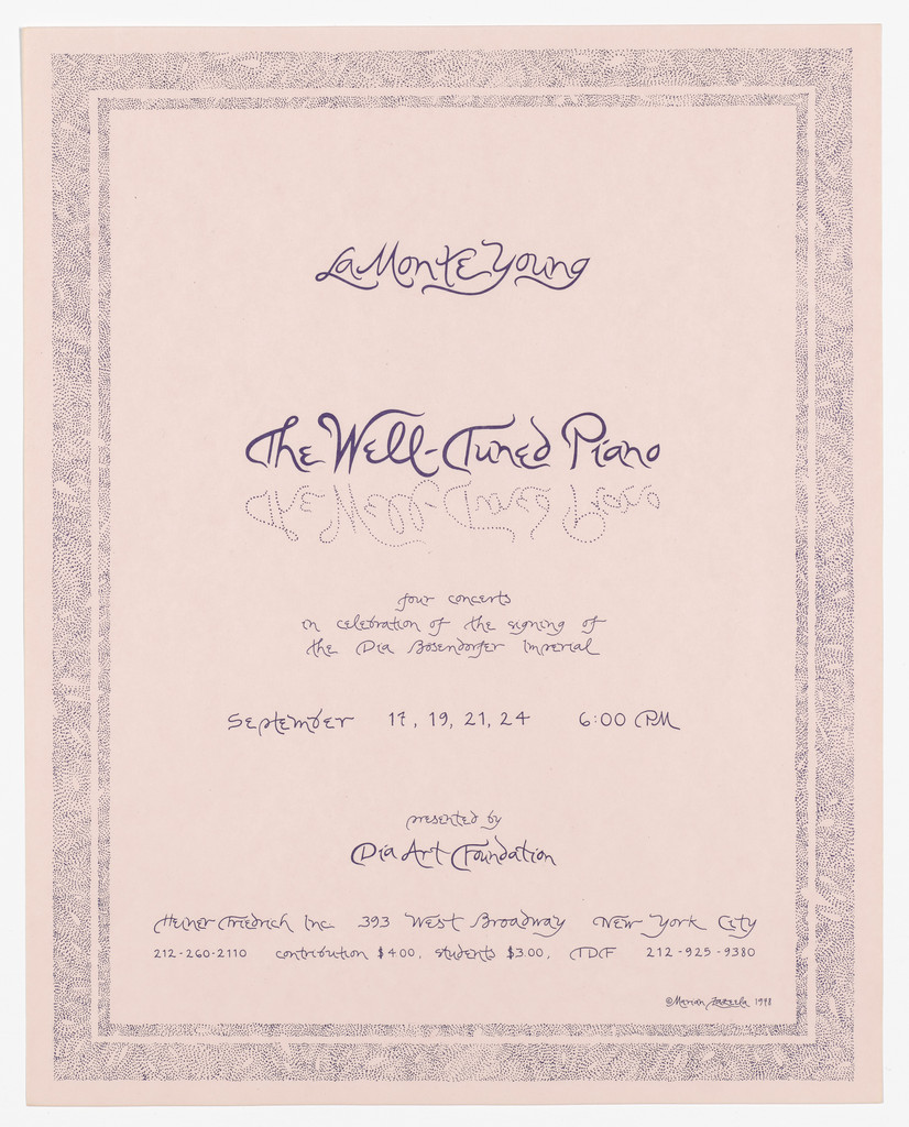 Poster for La Monte Young, The Well-Tuned Piano, Dia Art Foundation, September 1978
