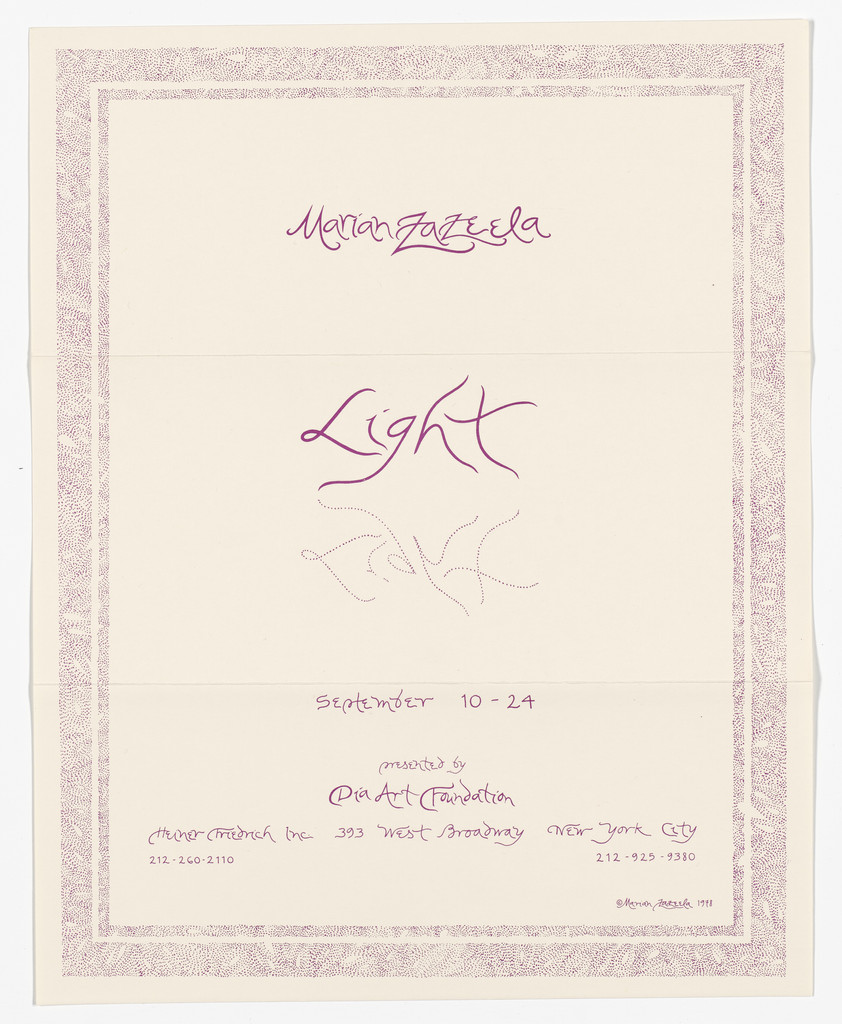 Poster for Marian Zazeela, Light, Dia Art Foundation, September 1978