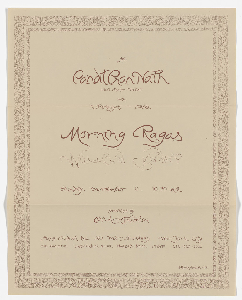 Poster for Pandit Pran Nath, Morning Ragas, Dia Art Foundation, September 1978