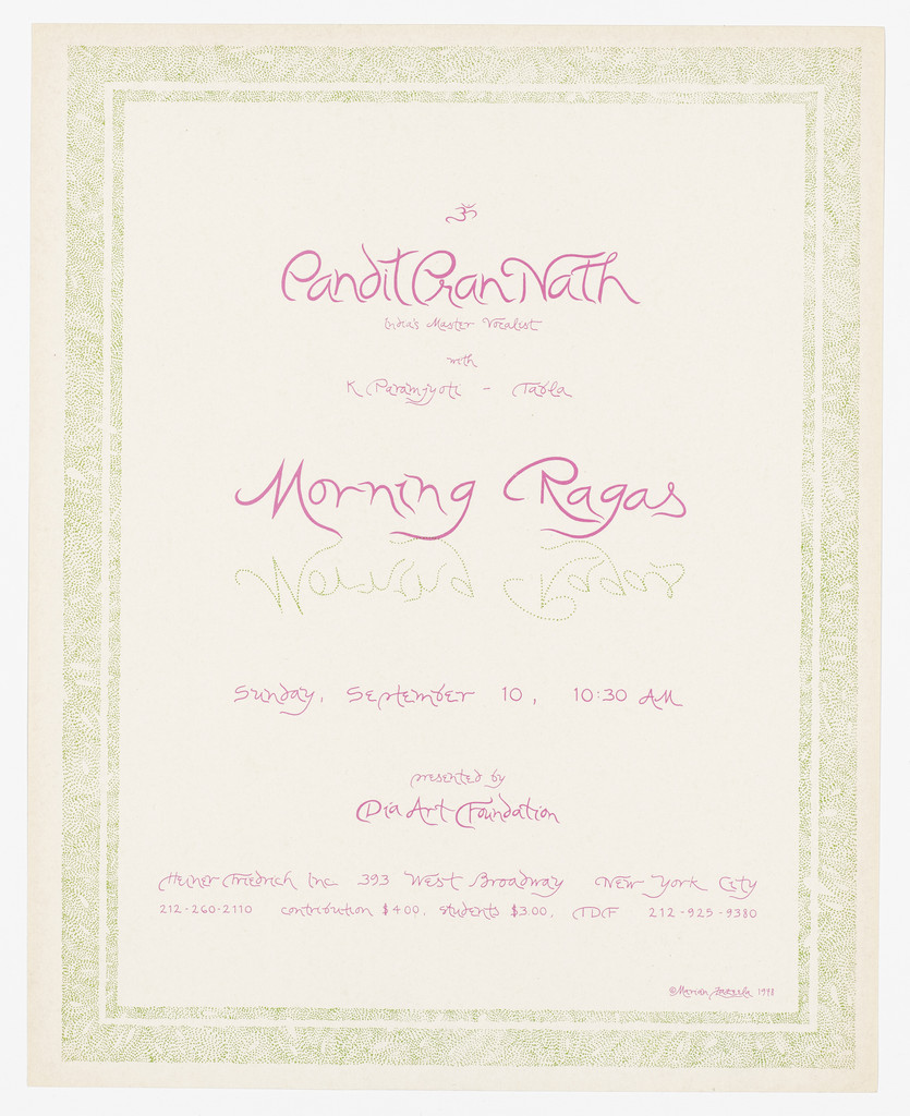 Poster for Pandit Pran Nath, Morning Ragas, Dia Art Foundation, September 1978