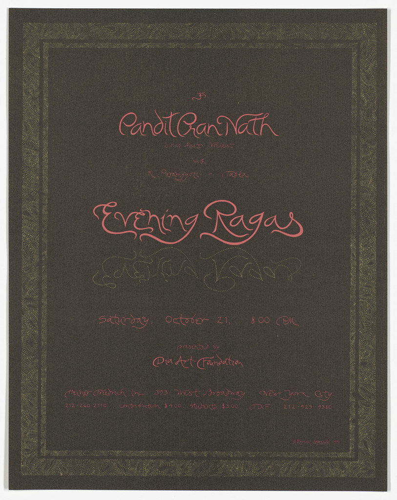 Poster for Pandit Pran Nath, Evening Ragas, Dia Art Foundation, October 1978