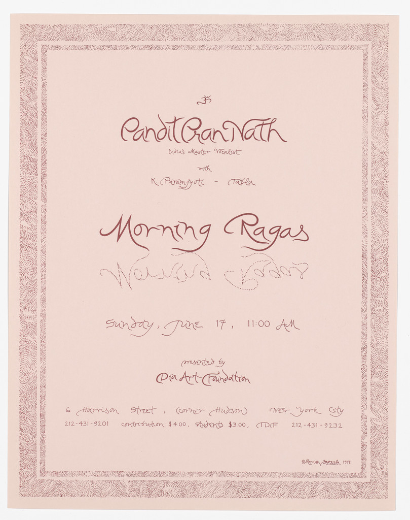Poster for Pandit Pran Nath, Morning Ragas, Dia Art Foundation, June 1979