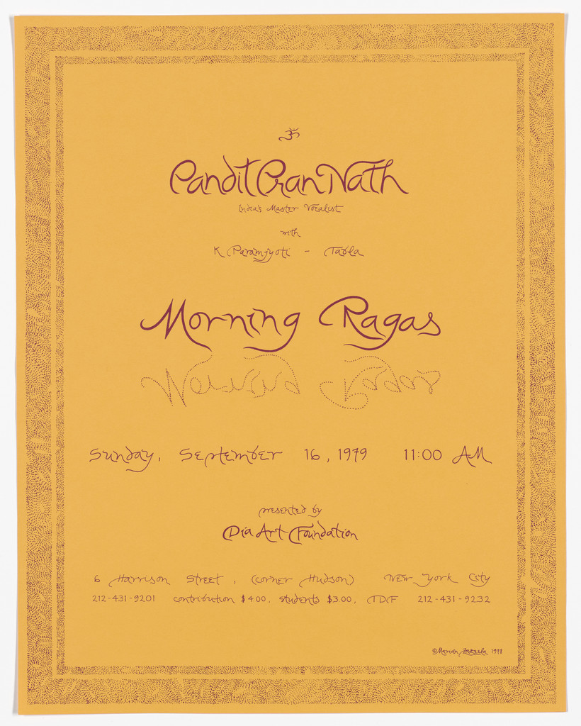 Poster for Pandit Pran Nath, Morning Ragas, Dia Art Foundation, September 1979