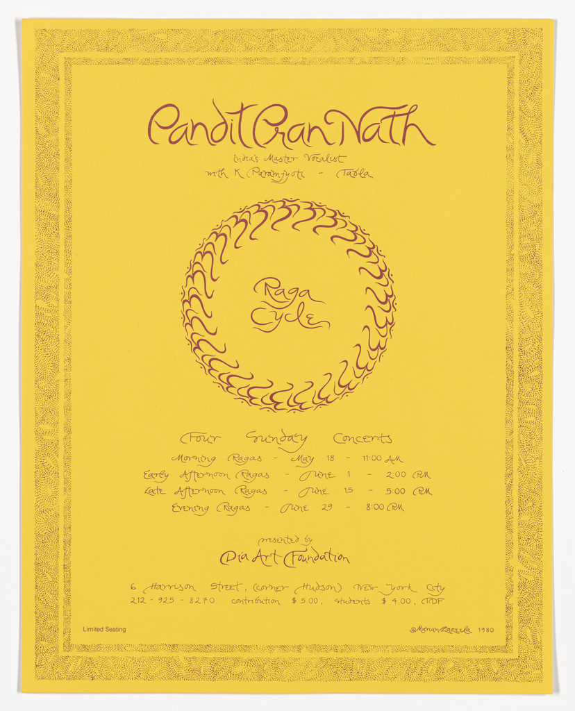 Poster for Pandit Pran Nath, Raga Cycle, Dia Art Foundation, May - June 1980