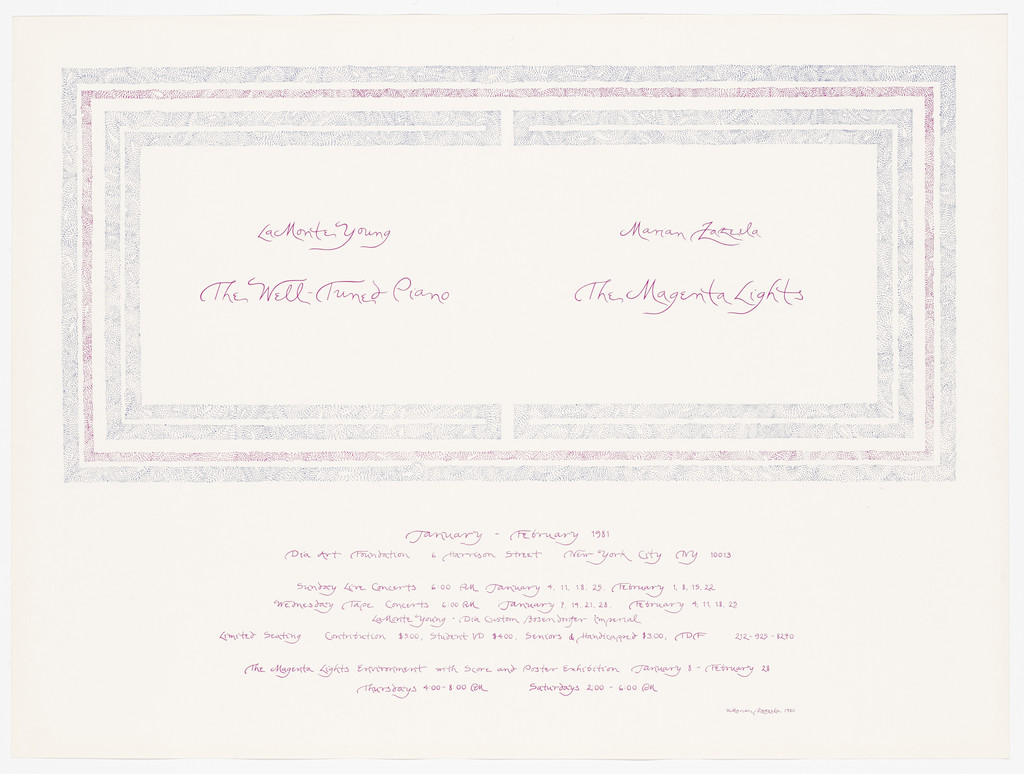 Poster for La Monte Young, The Well-Tuned Piano, and Marian Zazeela, The Magenta Lights, Dia Art Foundation, January - February 1981