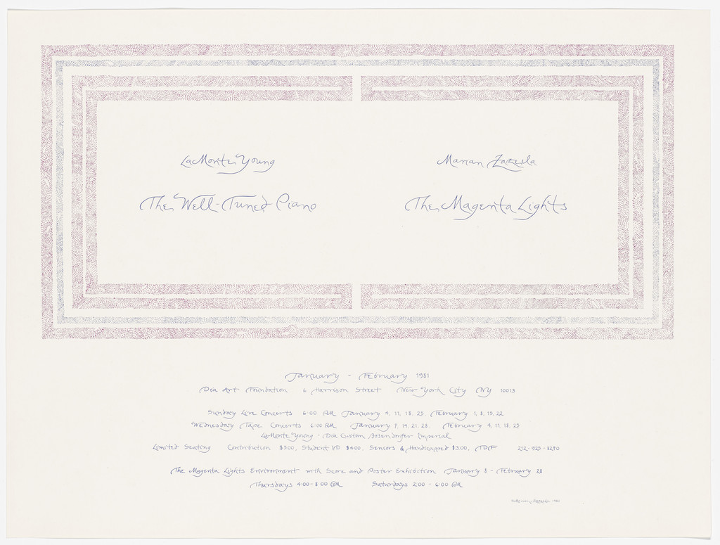 Poster for La Monte Young, The Well-Tuned Piano, and Marian Zazeela, The Magenta Lights, Dia Art Foundation, January - February 1981