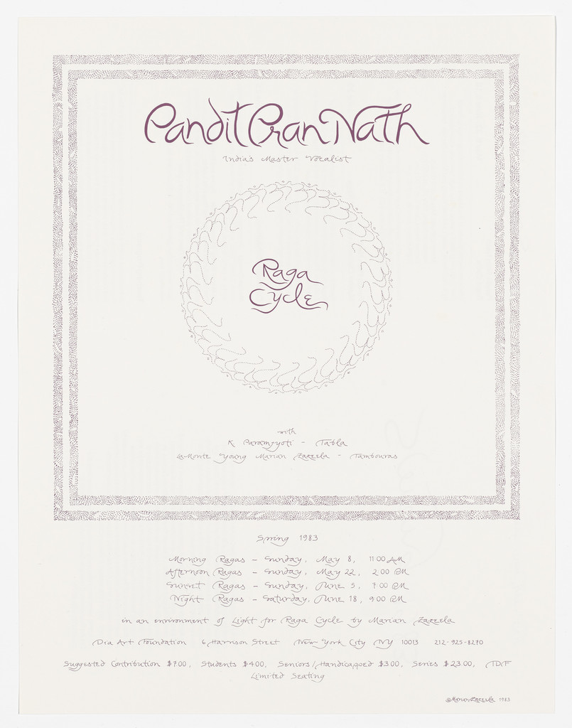 Poster for Pandit Pran Nath, Raga Cycle, Dia Art Foundation, May - June 1983