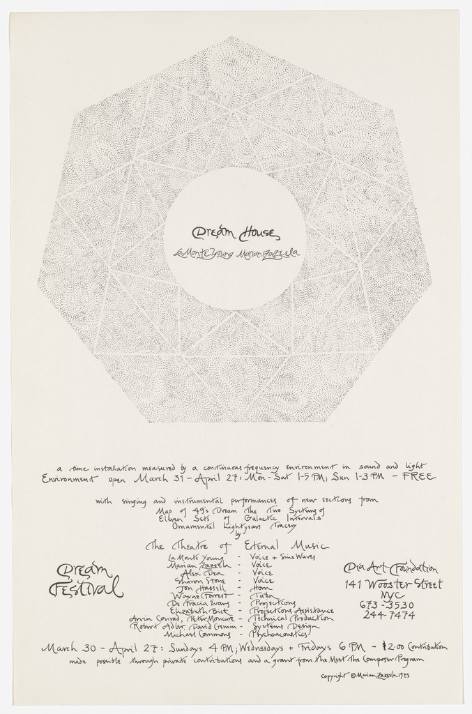 Poster for La Monte Young and Marian Zazeela, Dream House and The Theatre of Eternal Music, Dream Festival, Dia Art Foundation, March - April 1975