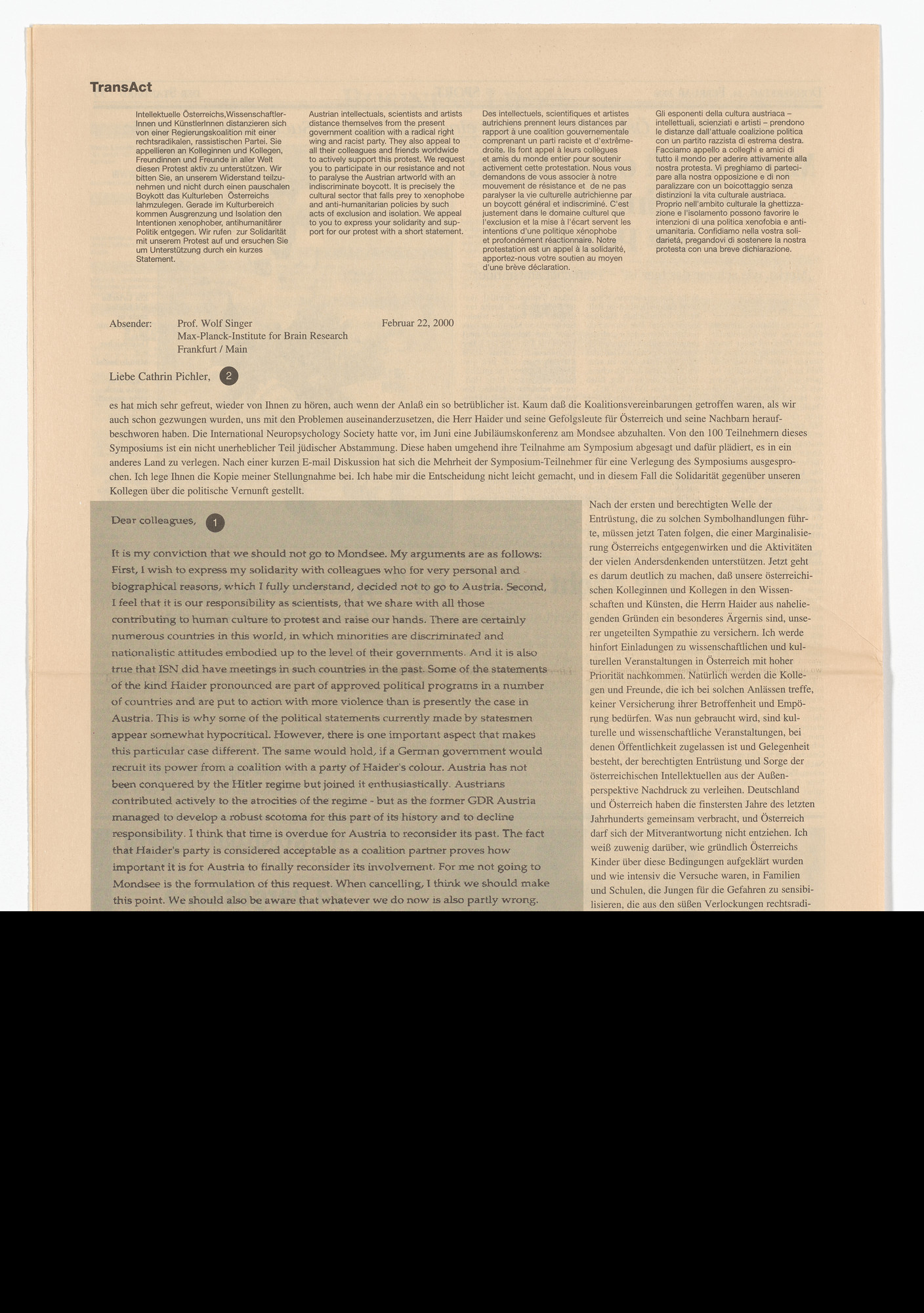 Wolf Singer. Statement from the Museum in Progress project TransAct: Transnational Activities in the Cultural Field