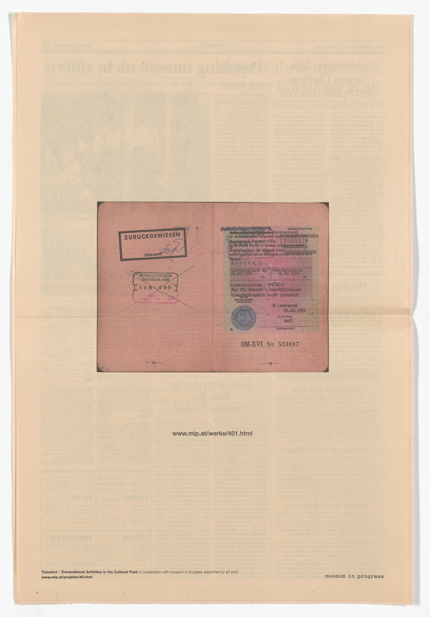 Zeigam Azizov. Rejected (Zurückgewiesen) from the Museum in Progress project TransAct: Transnational Activities in the Cultural Field