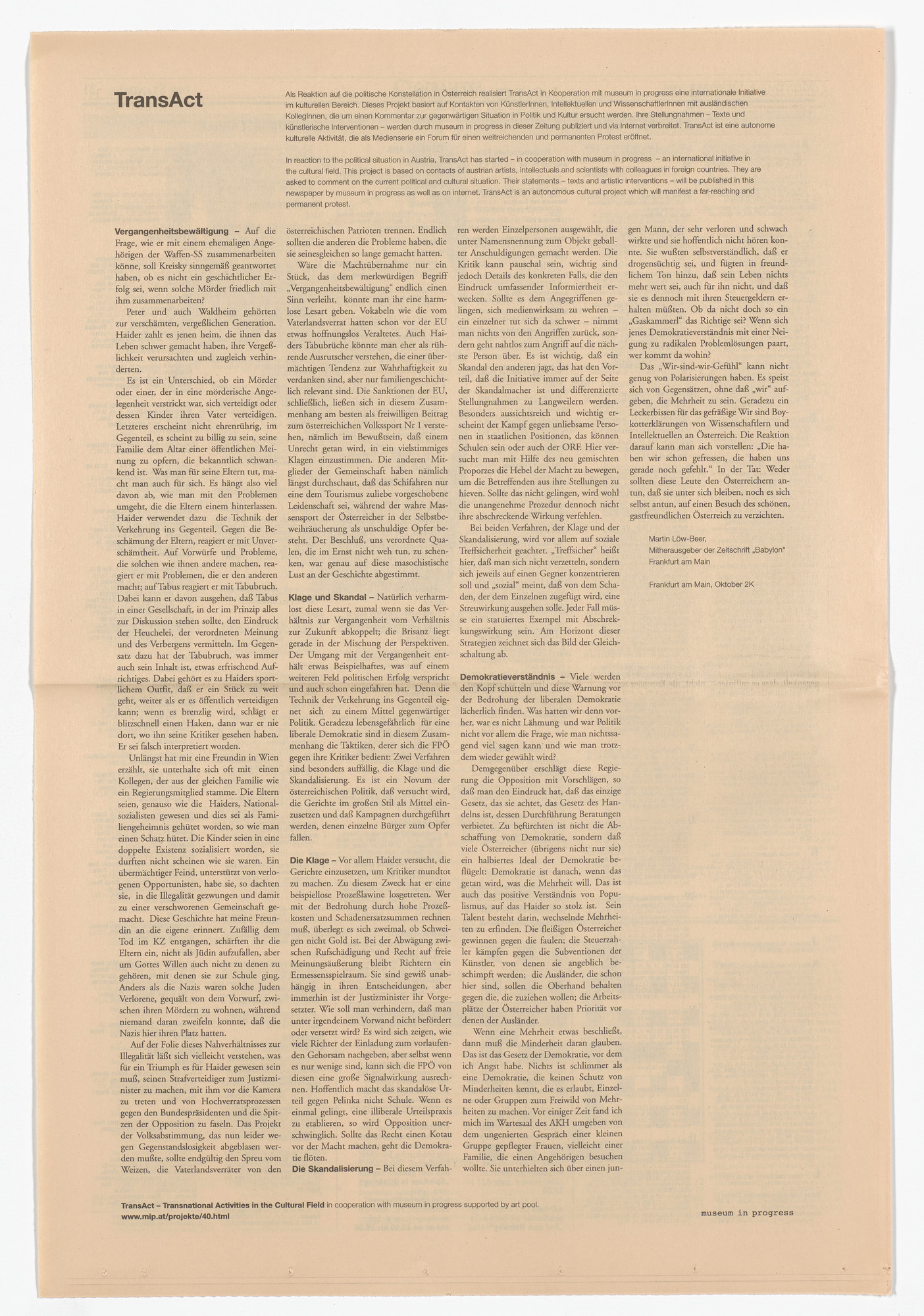 Martin Löw-Beer. Statement from the Museum in Progress project TransAct: Transnational Activities in the Cultural Field
