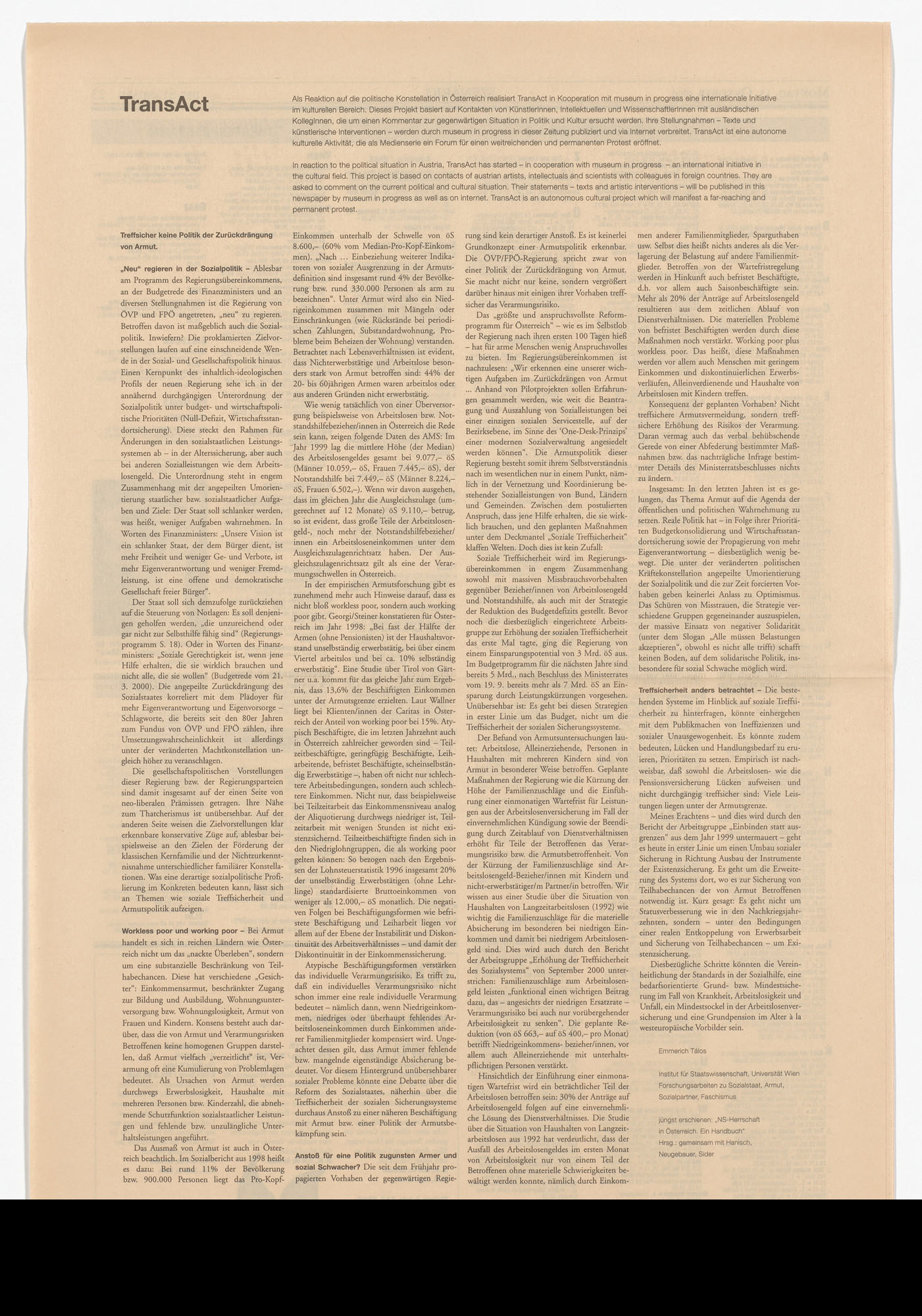 Emmerich Talos. Statement from the Museum in Progress project TransAct: Transnational Activities in the Cultural Field