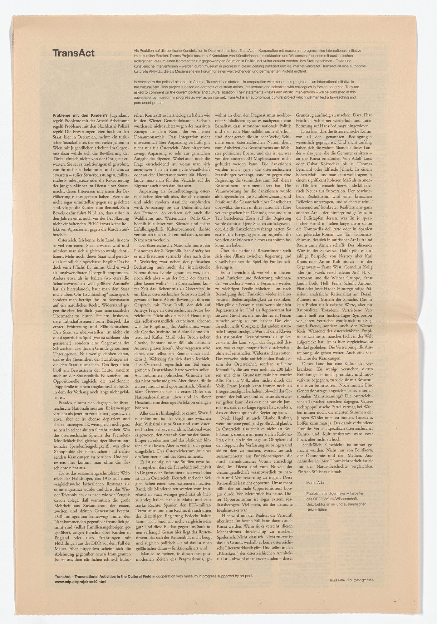 Martin Adel. Statement from the Museum in Progress project TransAct: Transnational Activities in the Cultural Field