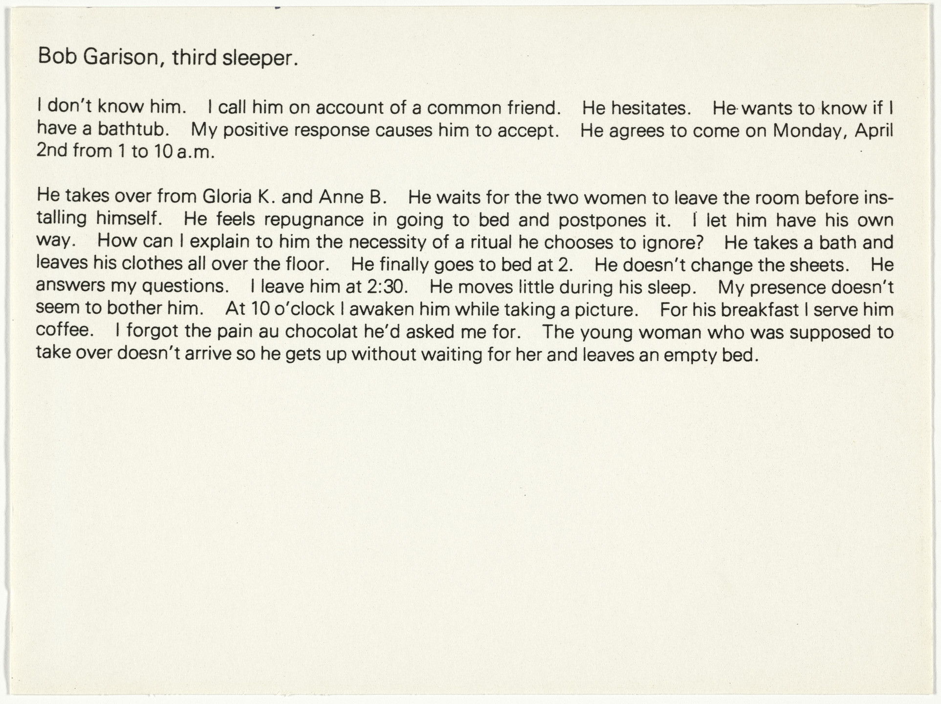 Sophie Calle. Sleepers (Les Dormeurs). 1979