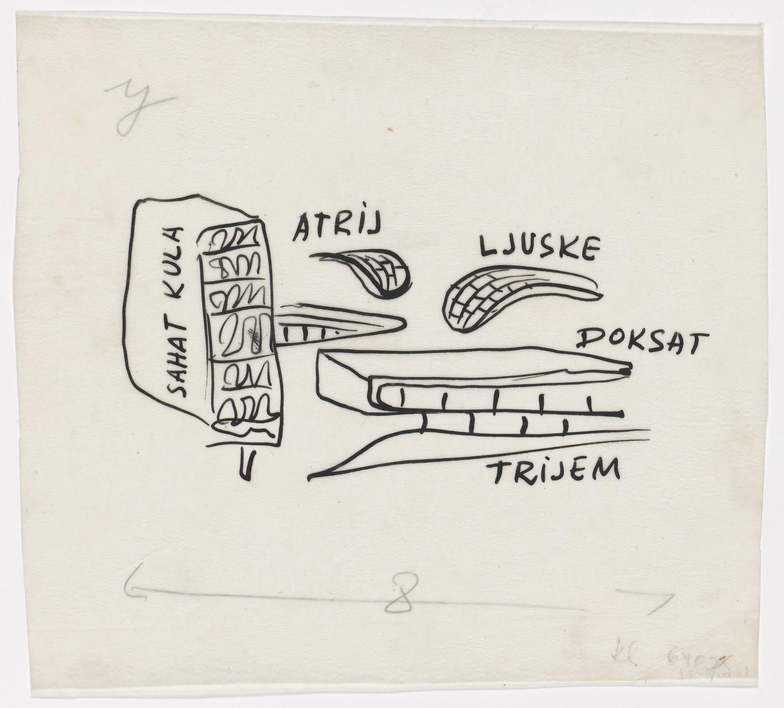 Juraj Neidhardt, Džemal Čelić, Enver Jahić, Boro Mileusnić, Zlatko Ugljen. National Assembly of Bosnia and Herzegovina, Sarajevo, phase 1, (Sketch of the Assembly’s elements). 1955–1957