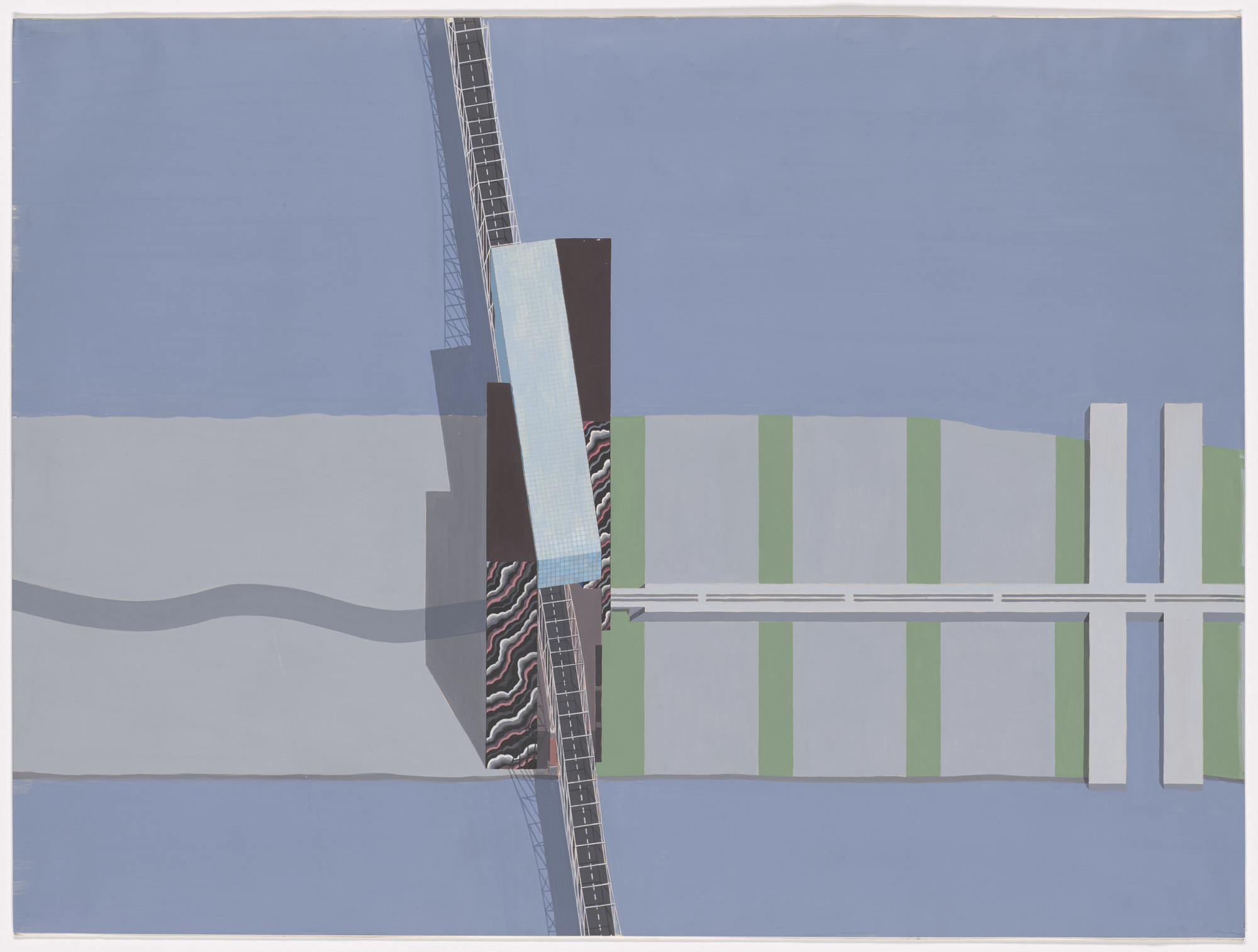Rem Koolhaas, Zoe Zenghelis. New Welfare Island Project, Roosevelt Island, New York, NY (Convention Center Entrance, aerial perspective)