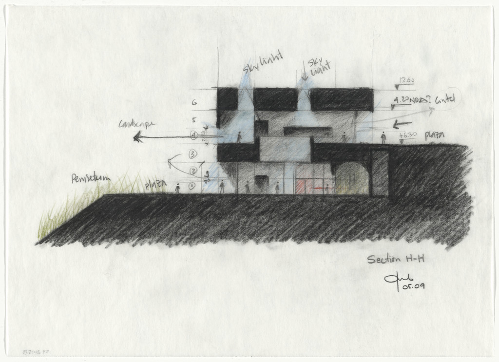 Fernando Botero Park Library, San Cristóbal, Medellín, Colombia (Cross section H-H, studies of light and shadow)