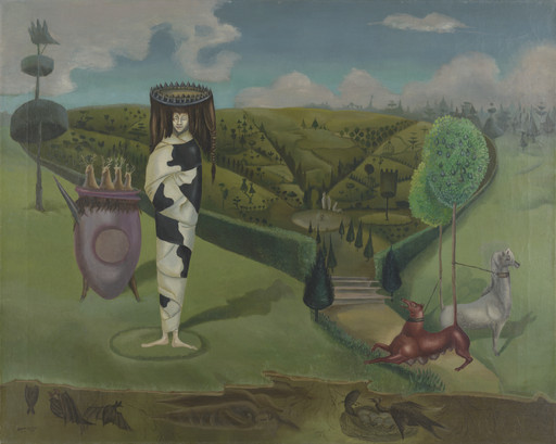 A person wrapped in a white and black cloth stands beside a purple structure with root-like objects. A red animal is tied to a tree on the right; a hilly green landscape is in the background. This is an AI generated description. To give feedback, email ai@moma.org.