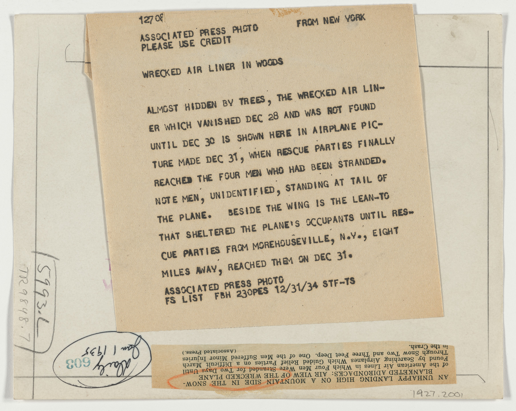 Associated Press. &#34;An Unhappy Landing High on a Mountain Side in the Snow-Blanketed Adirondacks&#34;. December 31, 1934