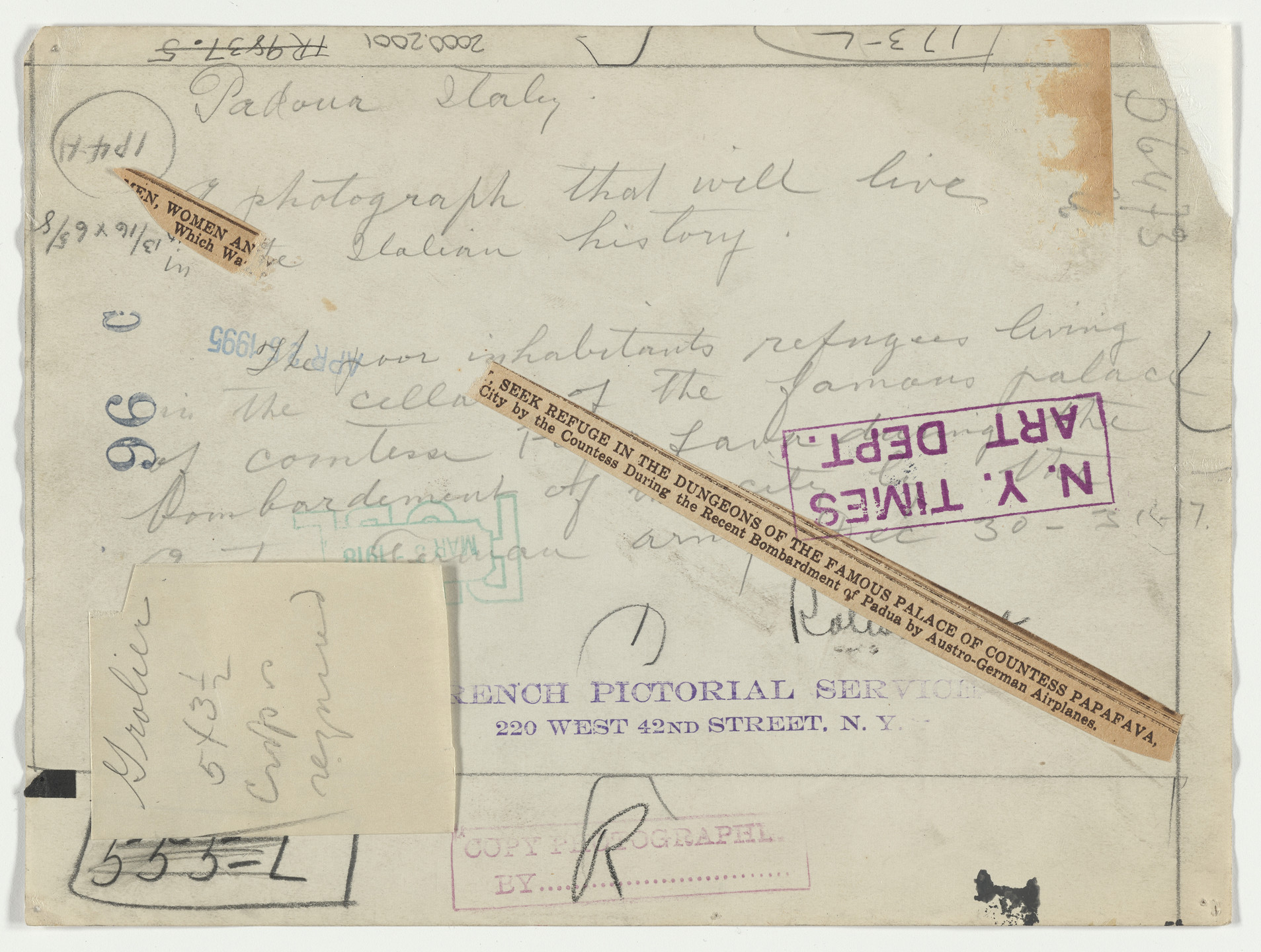 French Pictorial Service. &#34;During the Recent Bombardment of Padua&#34;. December 30-31, 1917