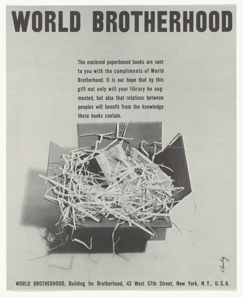 Advertising insert for World Brotherhood by Elaine Lustig Cohen