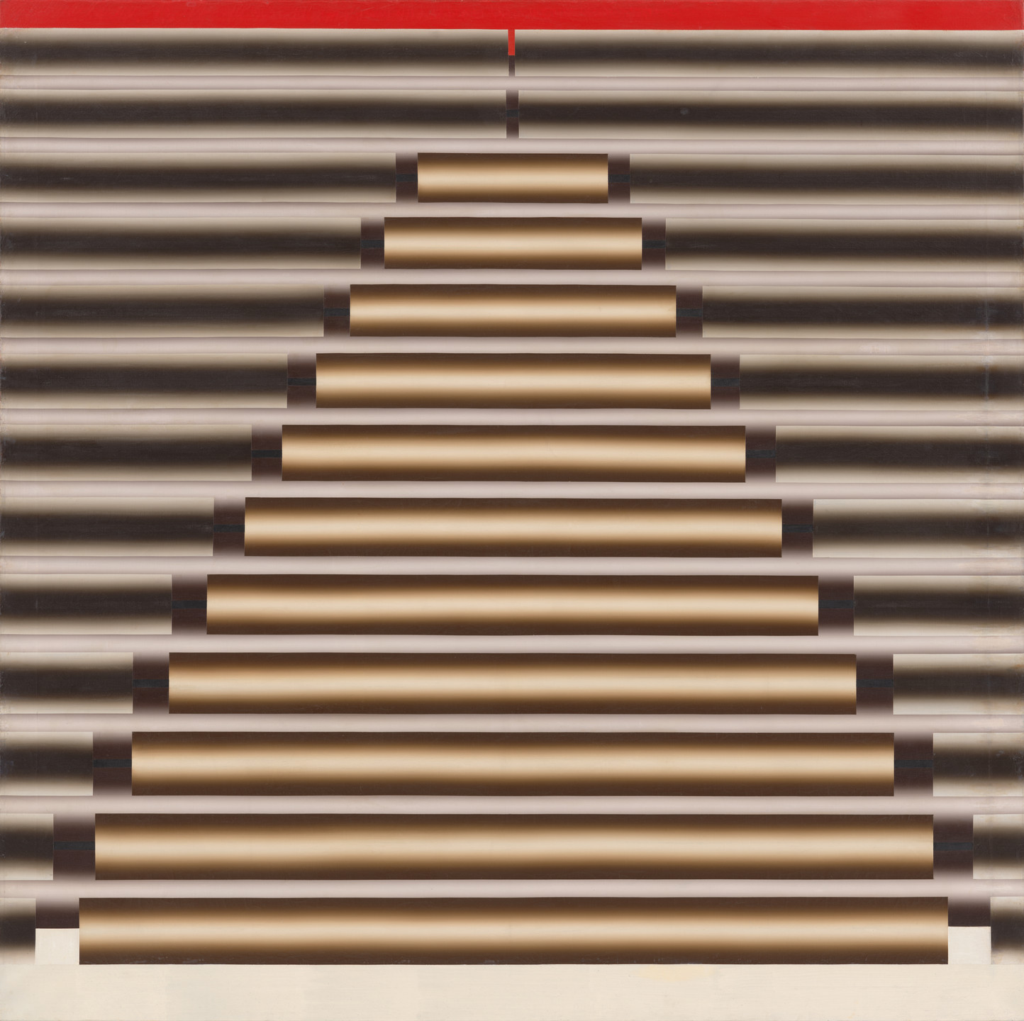 The image depicts a pattern of horizontal striped bars arranged in a staircase-like formation with a triangular shape in the middle. The colors are predominantly shades of beige and black, with a red bar at the top. This is an AI generated description. To give feedback, email ai@moma.org.