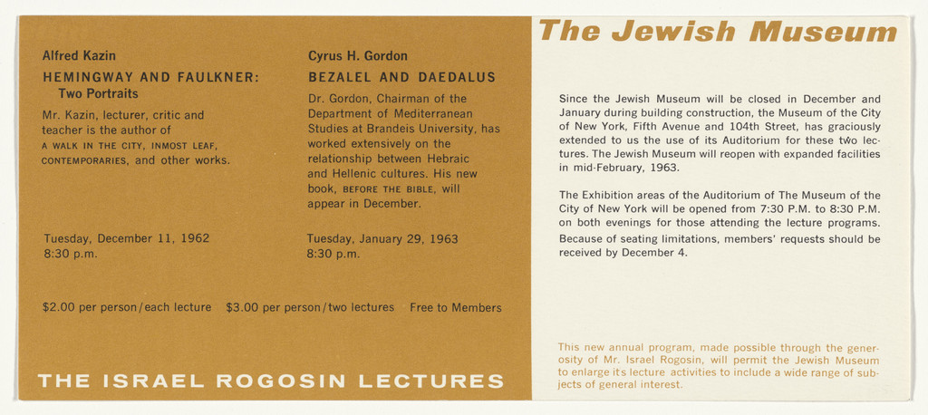 Program card for lectures at the Jewish Museum