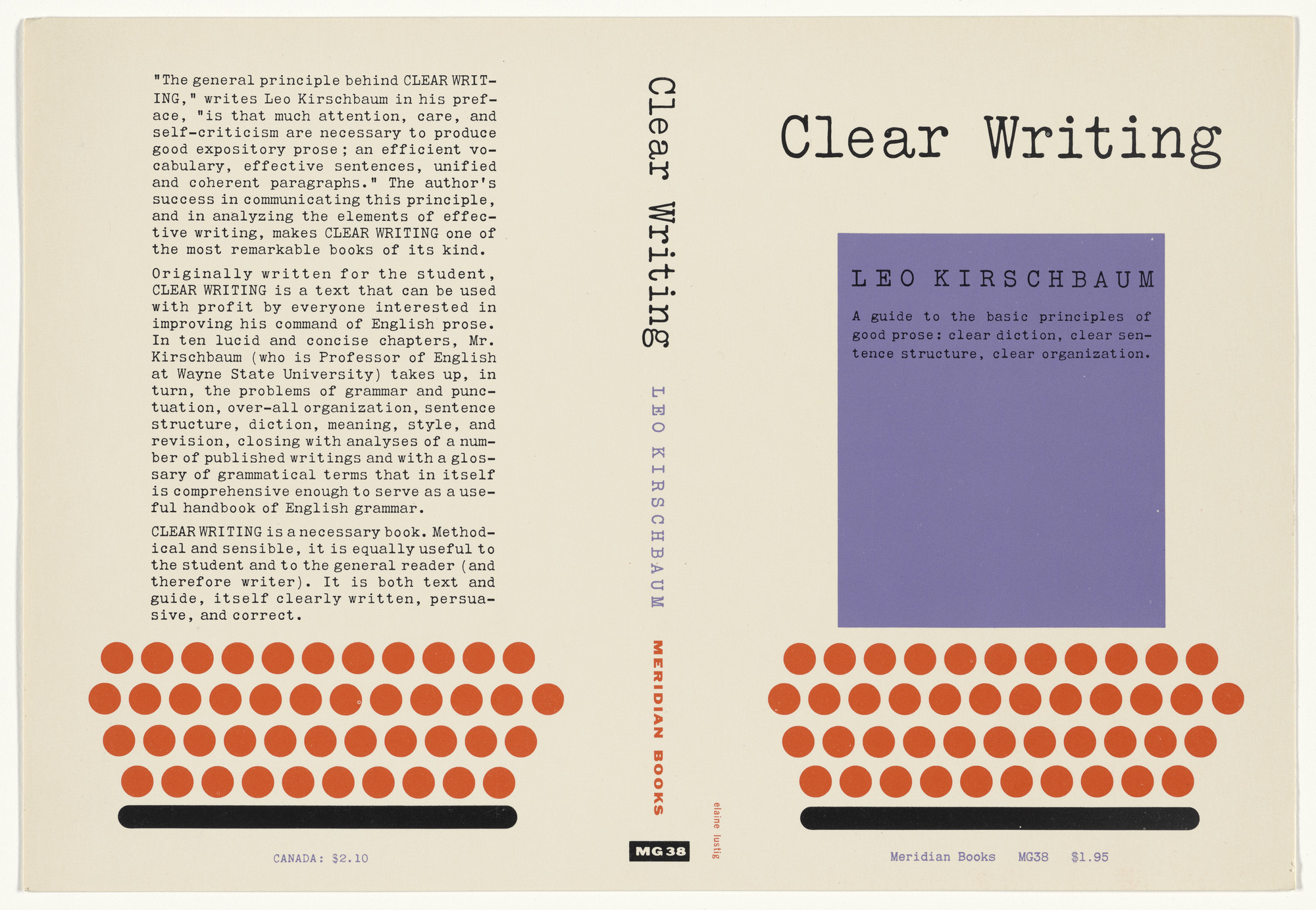 Elaine Lustig Cohen. Book cover for "Clear Writing" by Leo Kirschbaum
