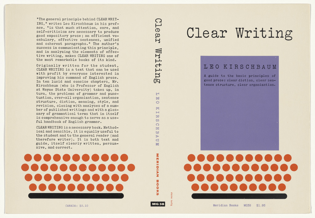 Book cover for "Clear Writing" by Leo Kirschbaum by Elaine Lustig Cohen