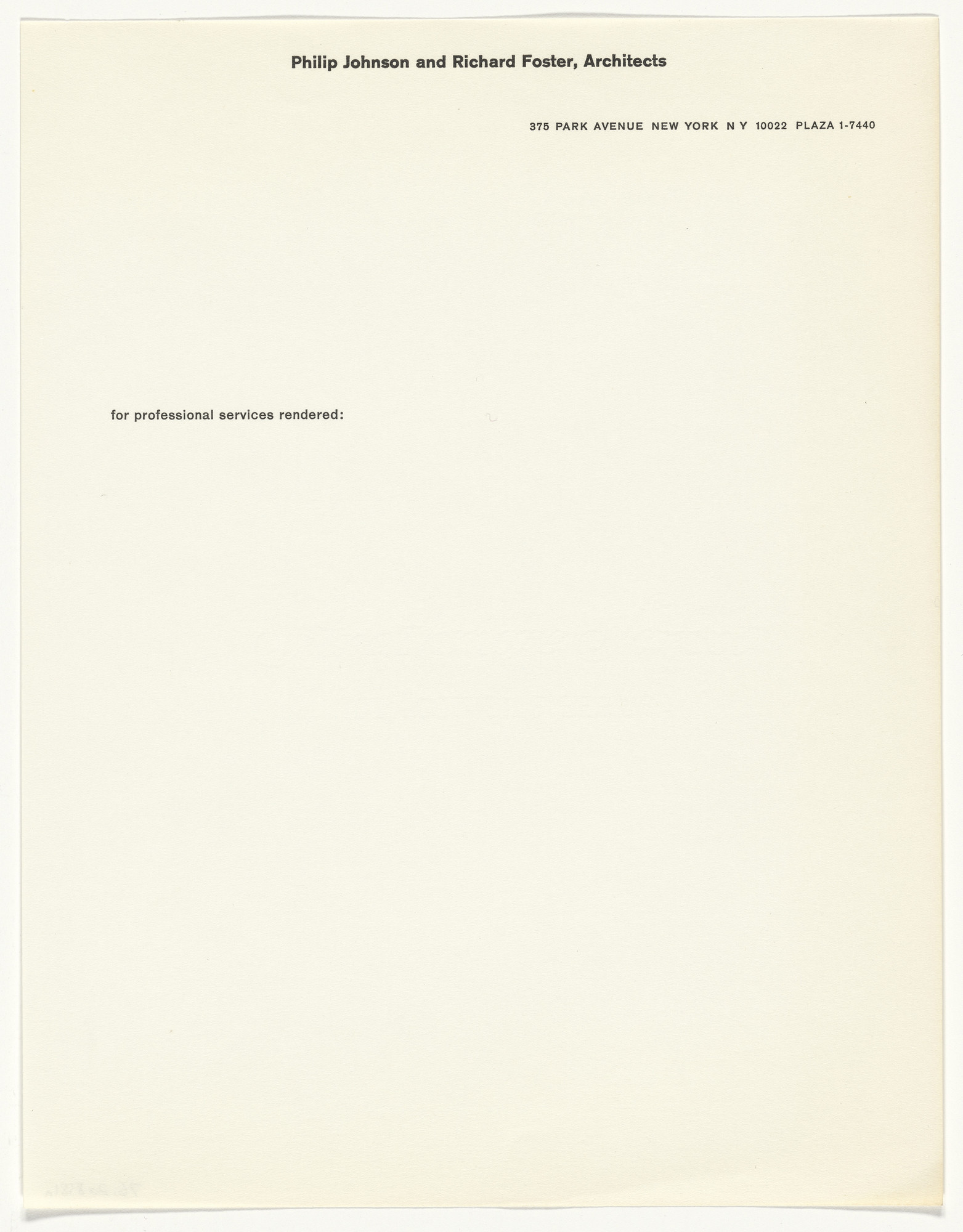 Elaine Lustig Cohen. Philip Johnson and Richard Foster, Architects stationery
