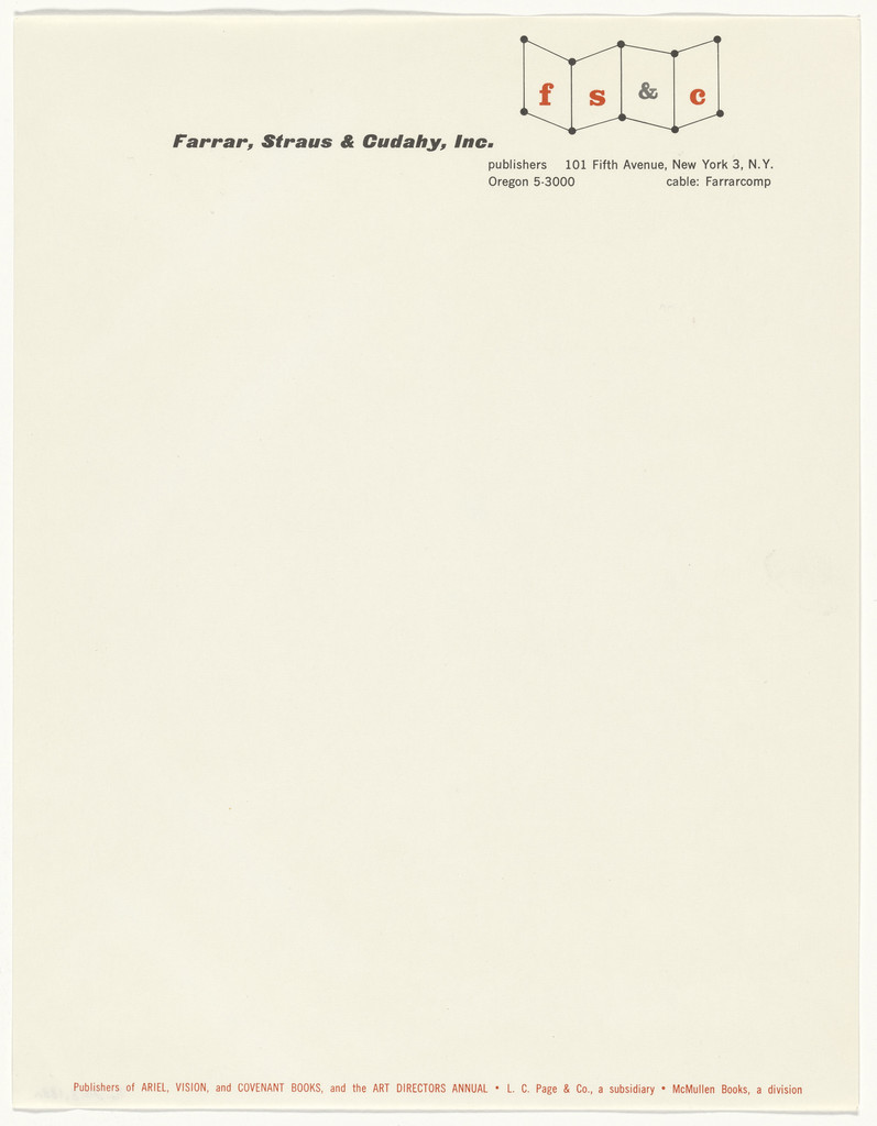 Farrar, Straus & Cudahy, Inc. stationery