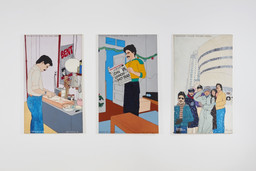 Joey Terrill. Chicanos Invade New York Series. Three panels: Making Tortillas in Soho; Reading the Local Paper; and Searching for Burritos. 1981