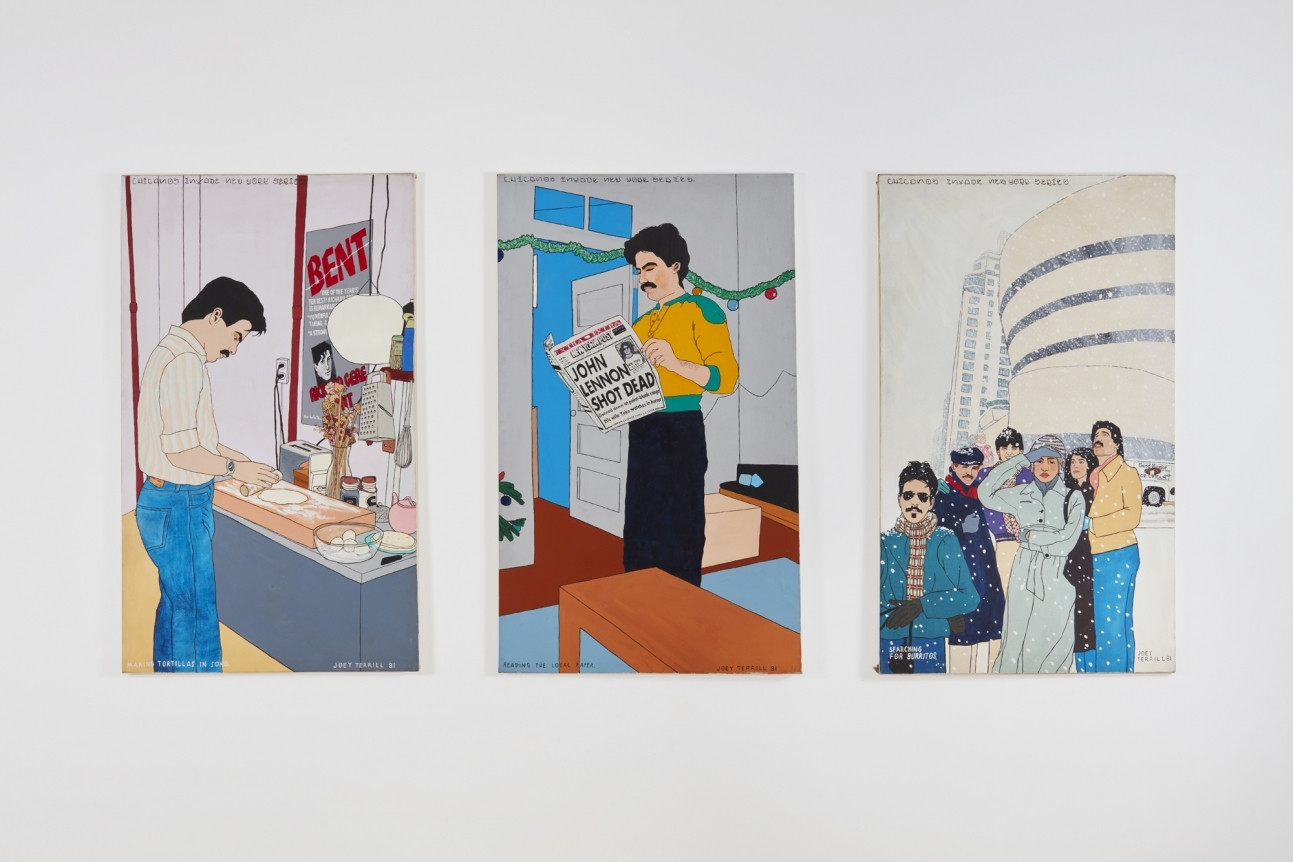 Joey Terrill. Chicanos Invade New York Series. Three panels: Making Tortillas in Soho; Reading the Local Paper; and Searching for Burritos. 1981